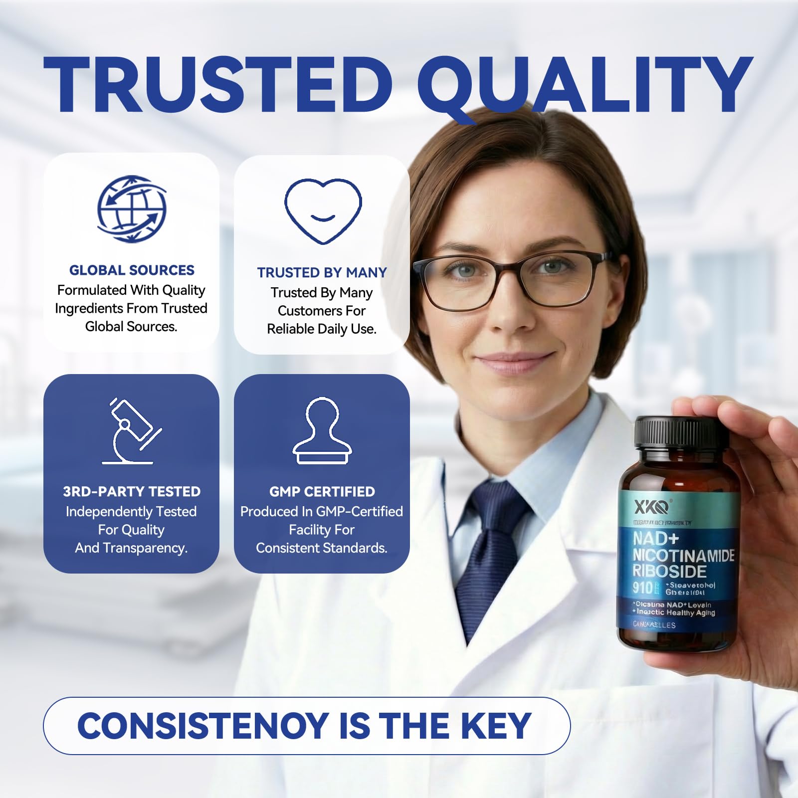 XKQ NAD+ Resveratrol Supplement capsules in a hand