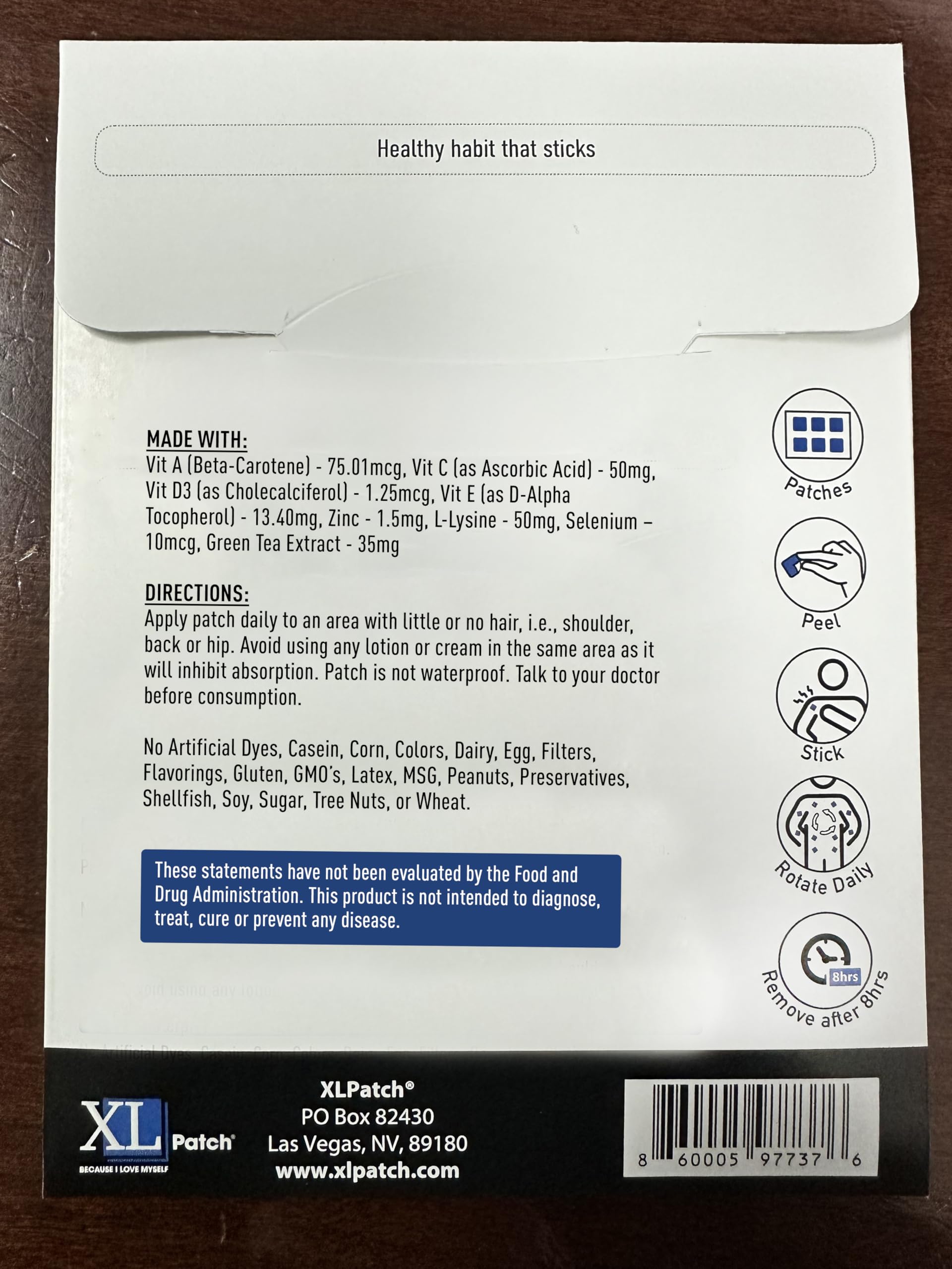 XLPATCH L-Lysine Patches back view showing ingredients