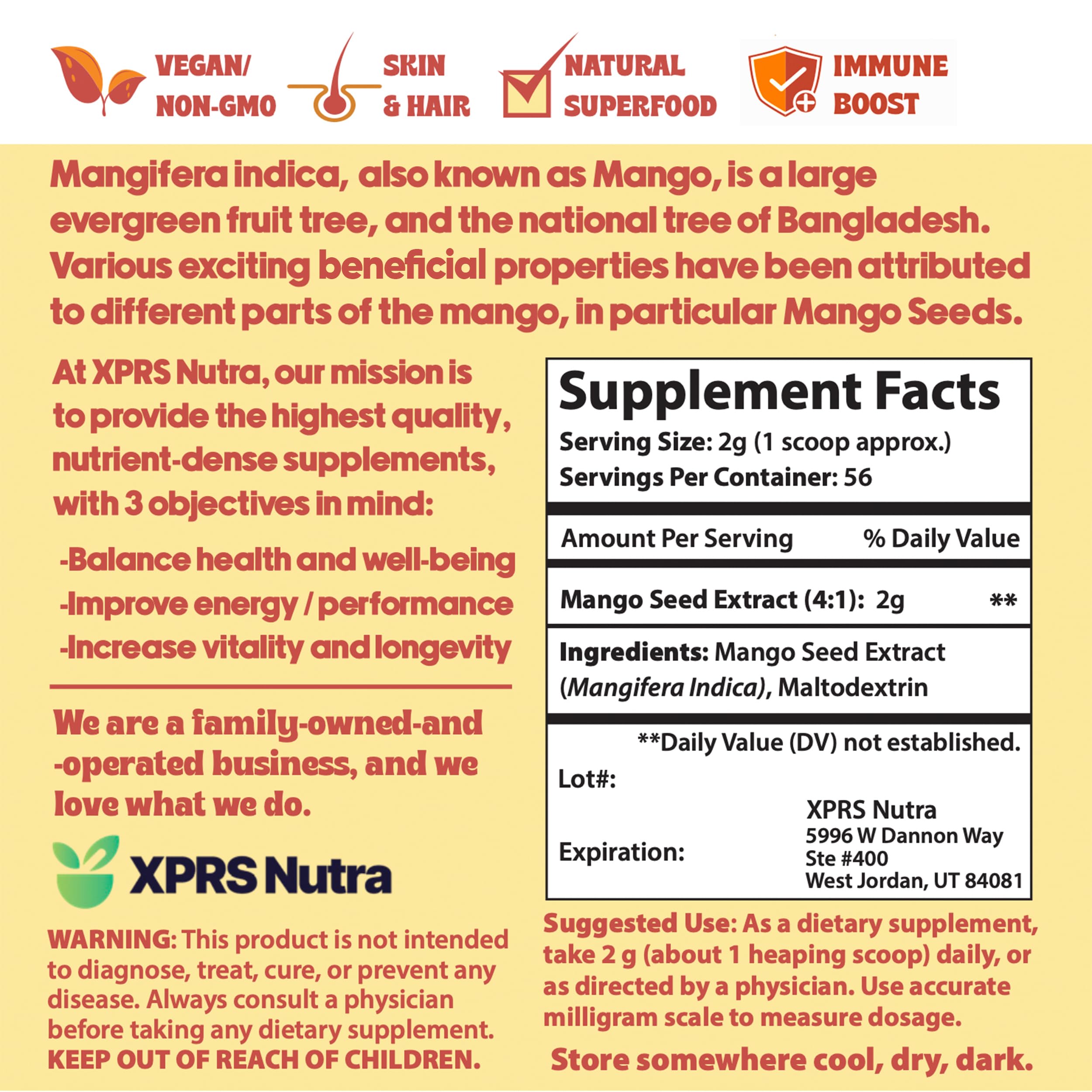 XPRS Nutra African Mango Seed Extract Powder nutritional information