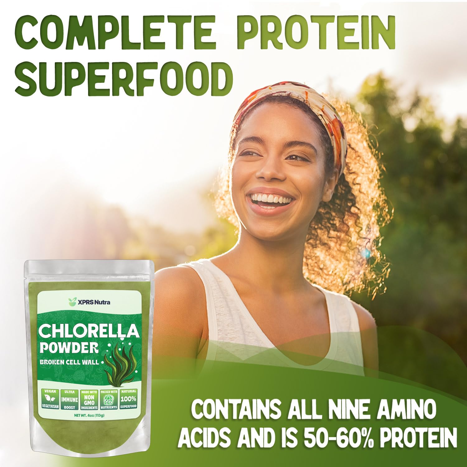 XPRS Nutra Chlorella Powder 113g back view showing nutritional information