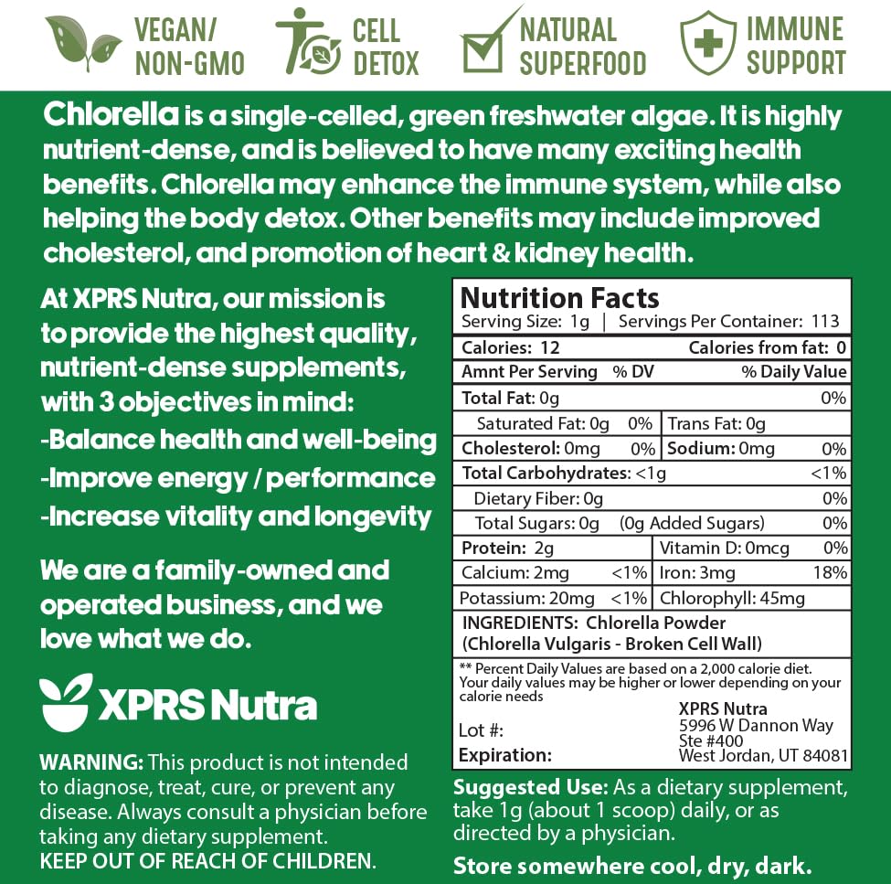 XPRS Nutra Chlorella Powder 113g displayed with other herbal supplements
