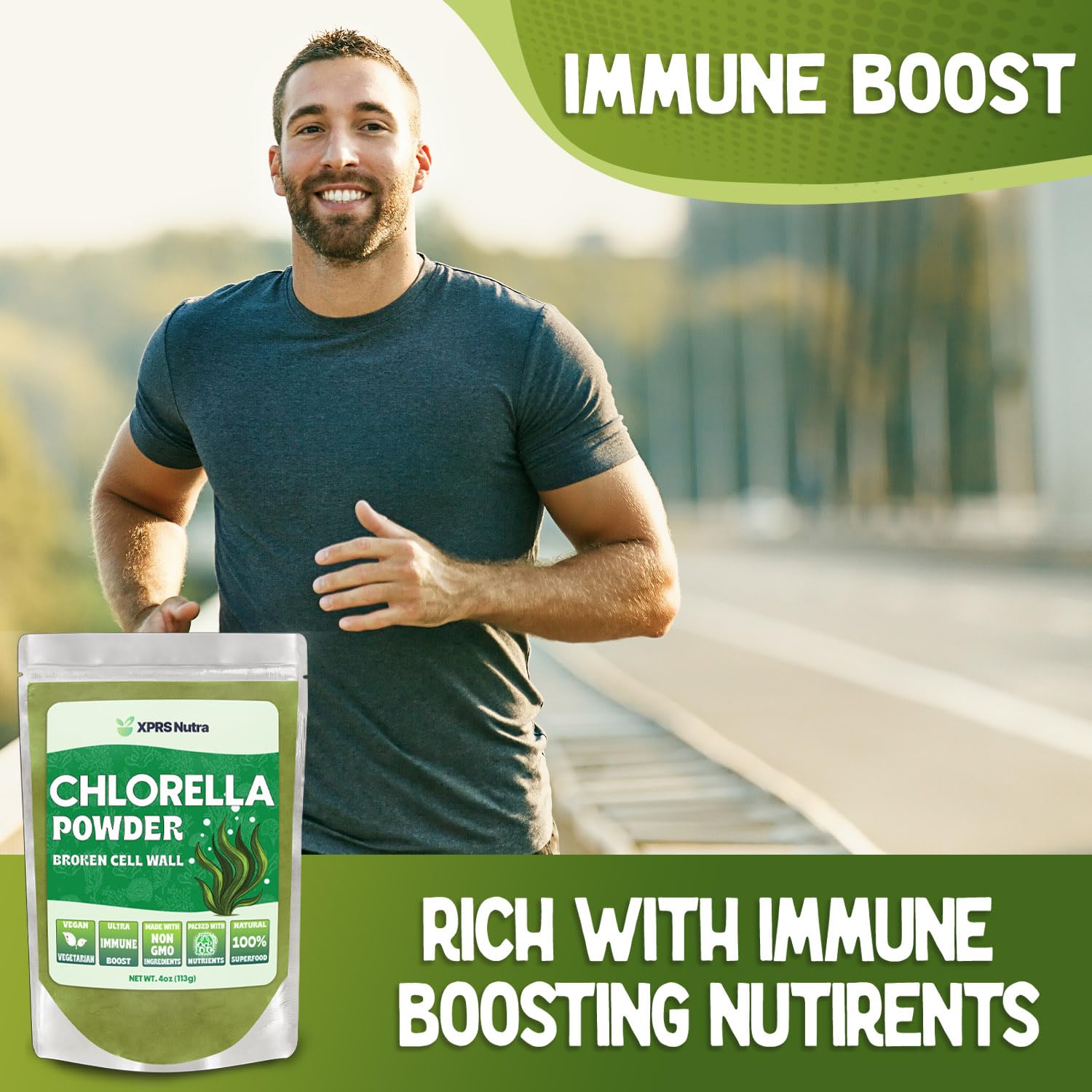 XPRS Nutra Chlorella Powder 113g in a kitchen setting with smoothie ingredients