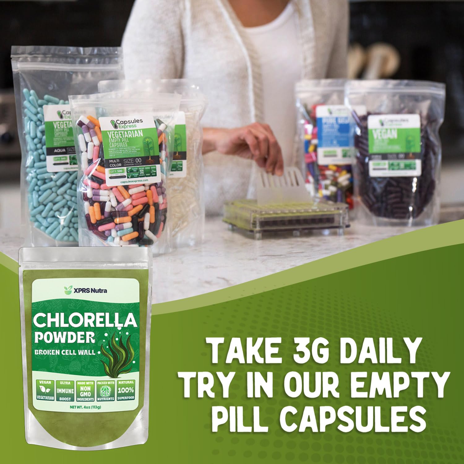 XPRS Nutra Chlorella Powder 113g opened bag showing bright green powder