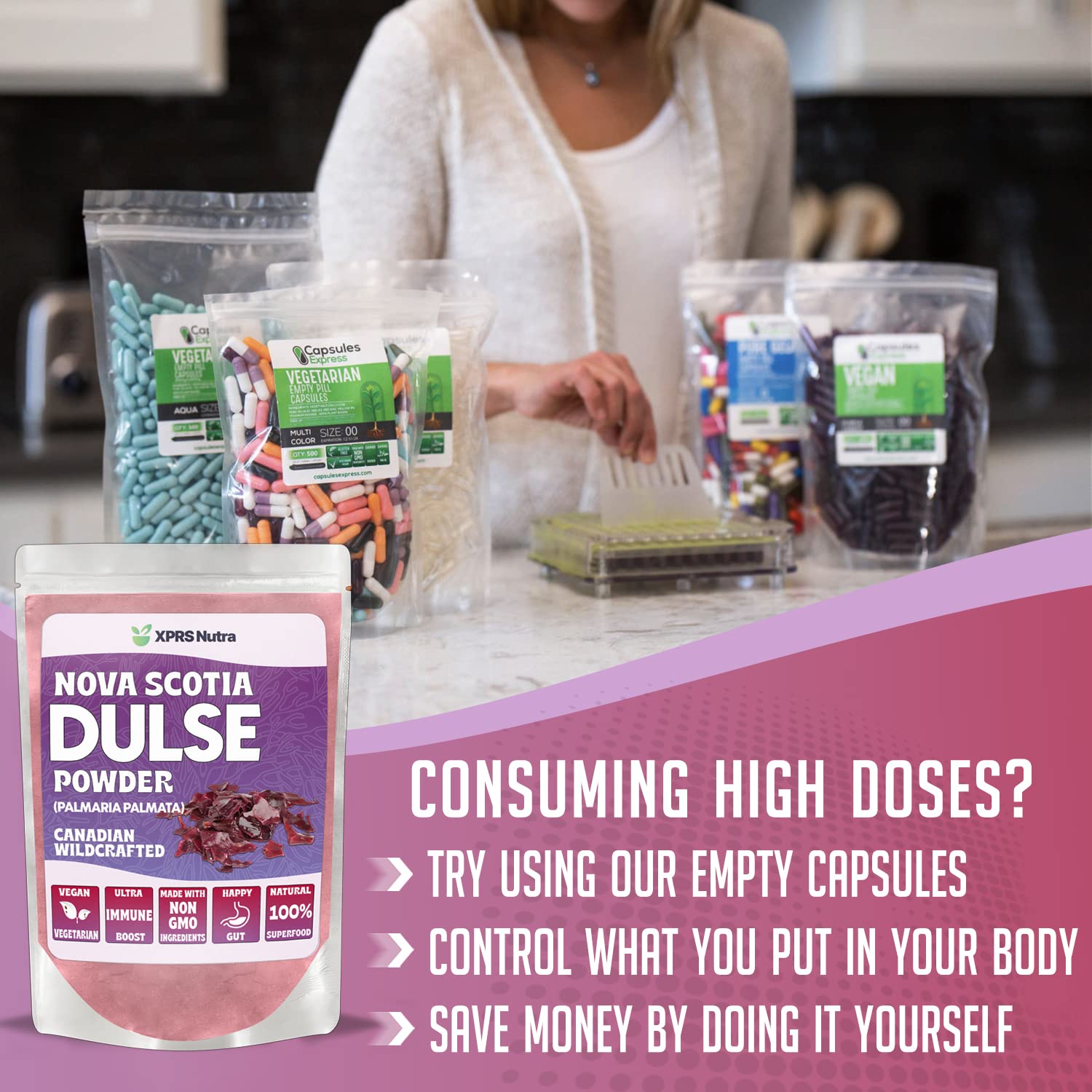 XPRS Nutra Dulse Powder displayed with fresh vegetables