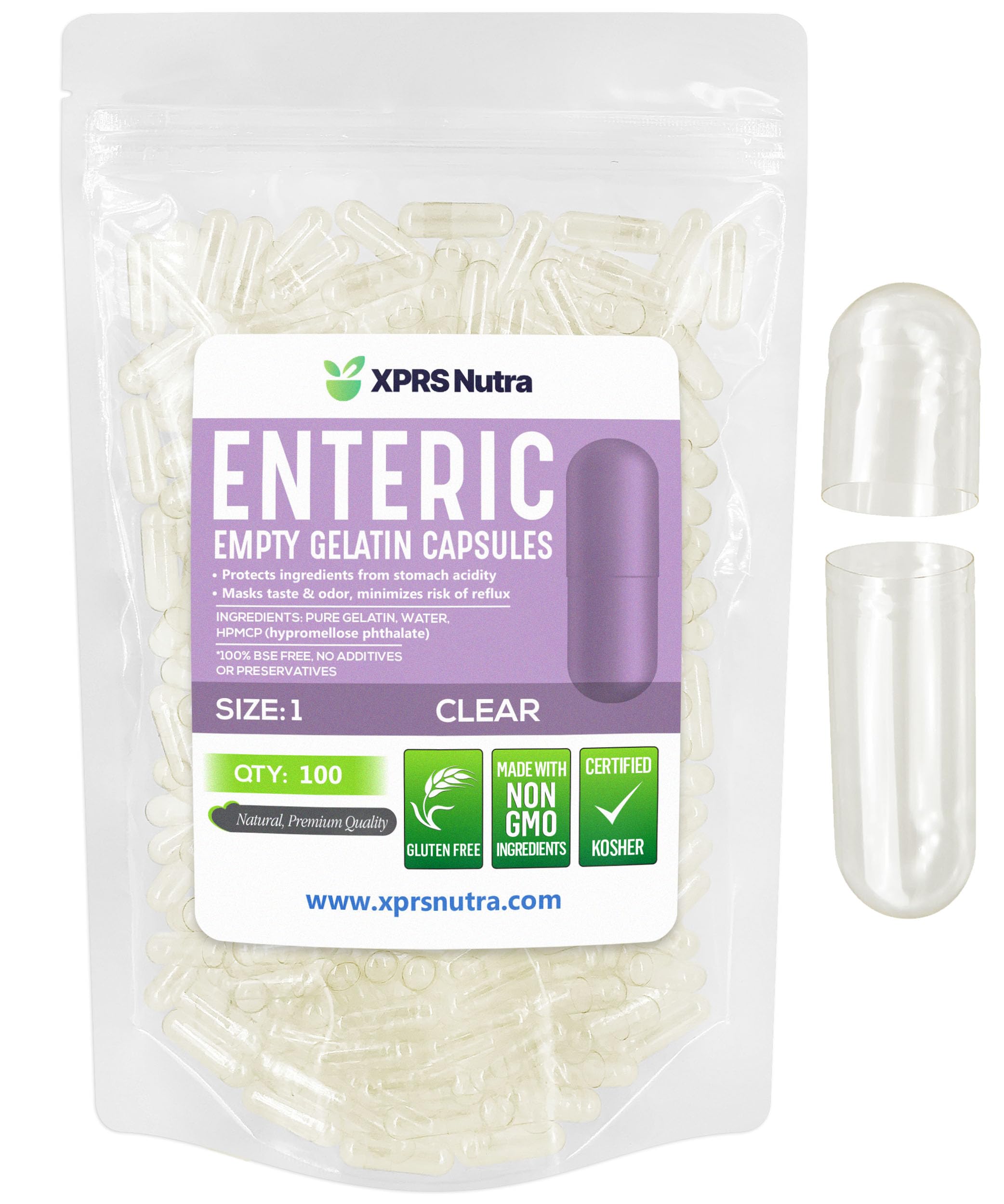 XPRS Nutra Enteric Coated Empty Gelatin Capsules Size 1 front view
