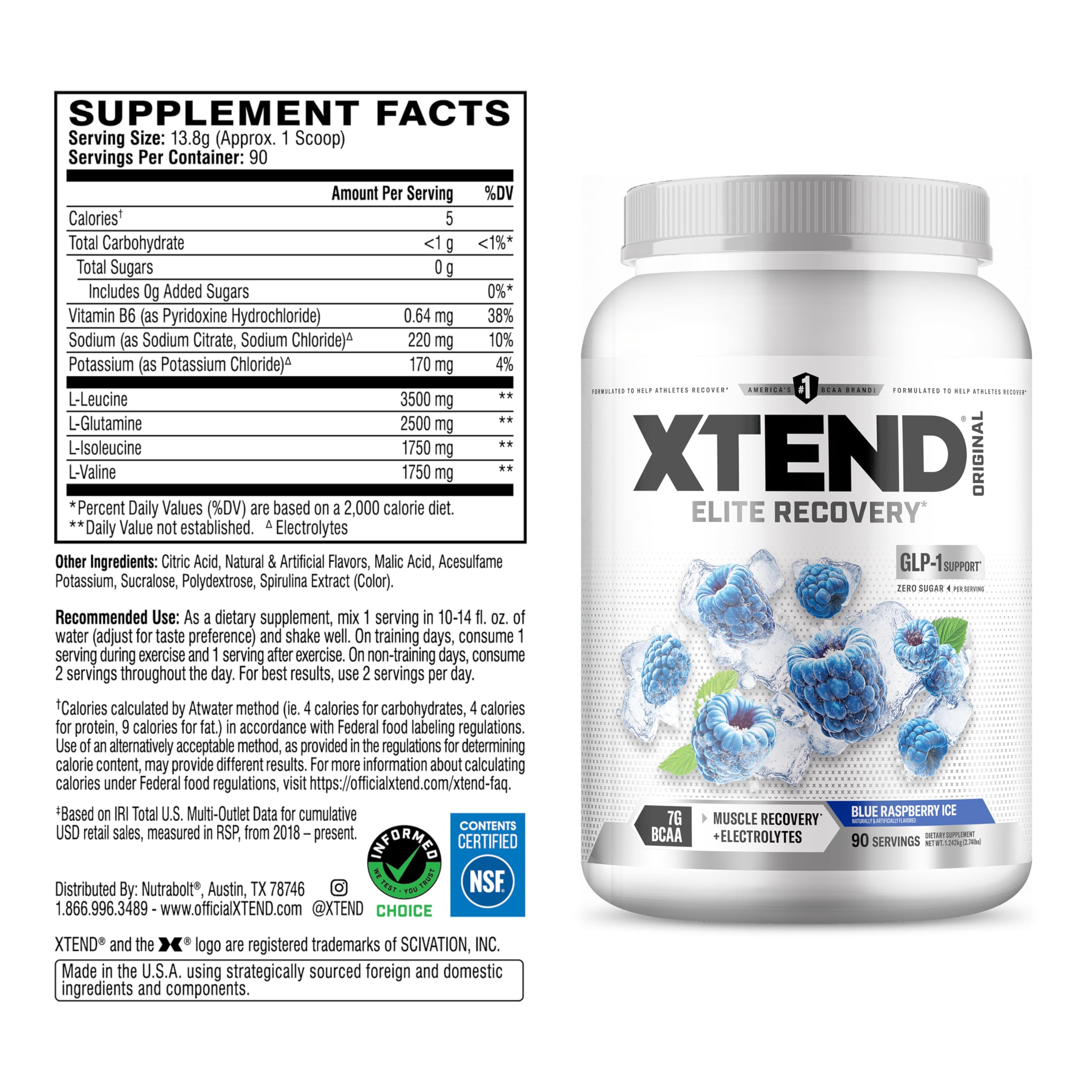Xtend BCAA Powder 1125g side view showing nutritional information