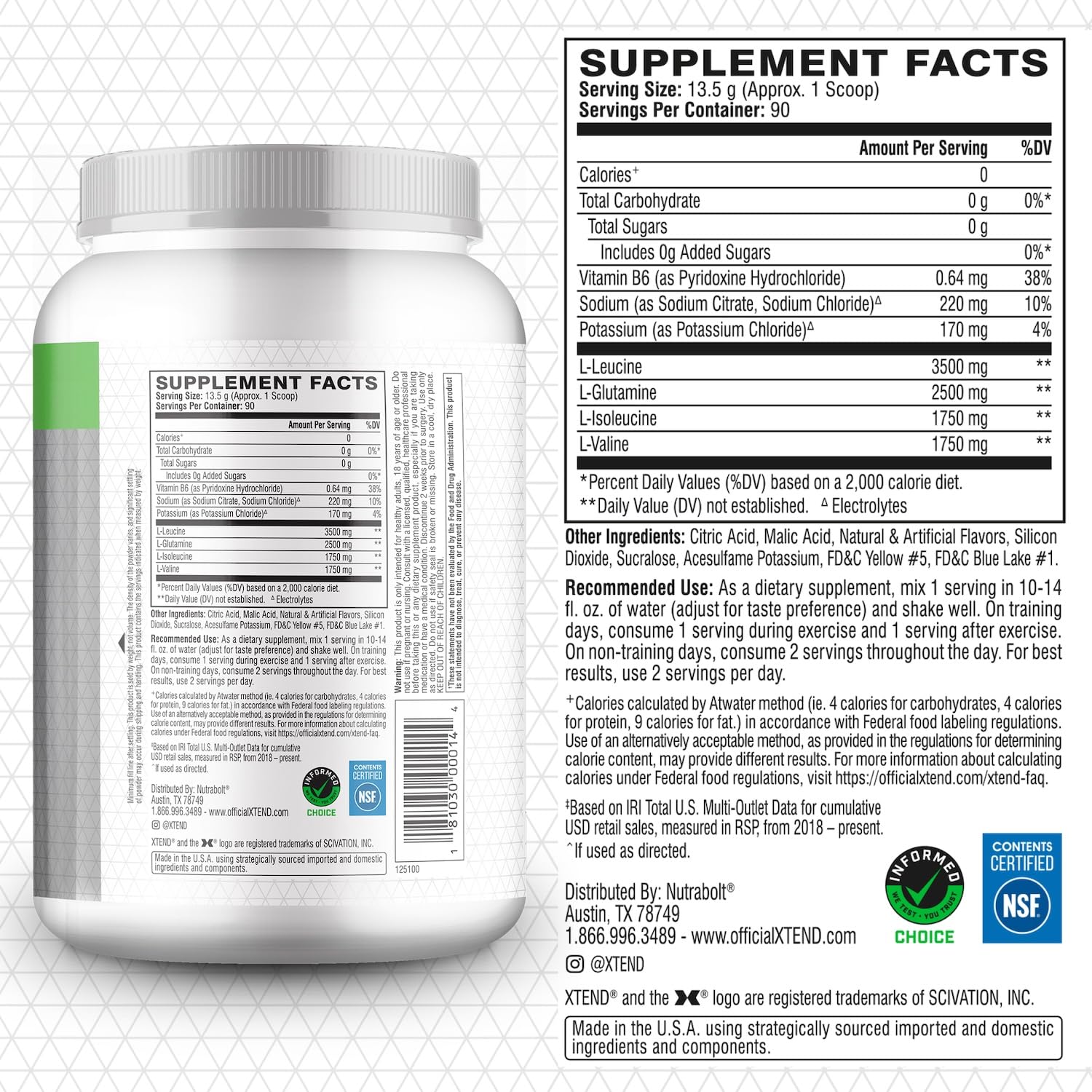 Xtend BCAA Powder 1215g back view with nutritional information
