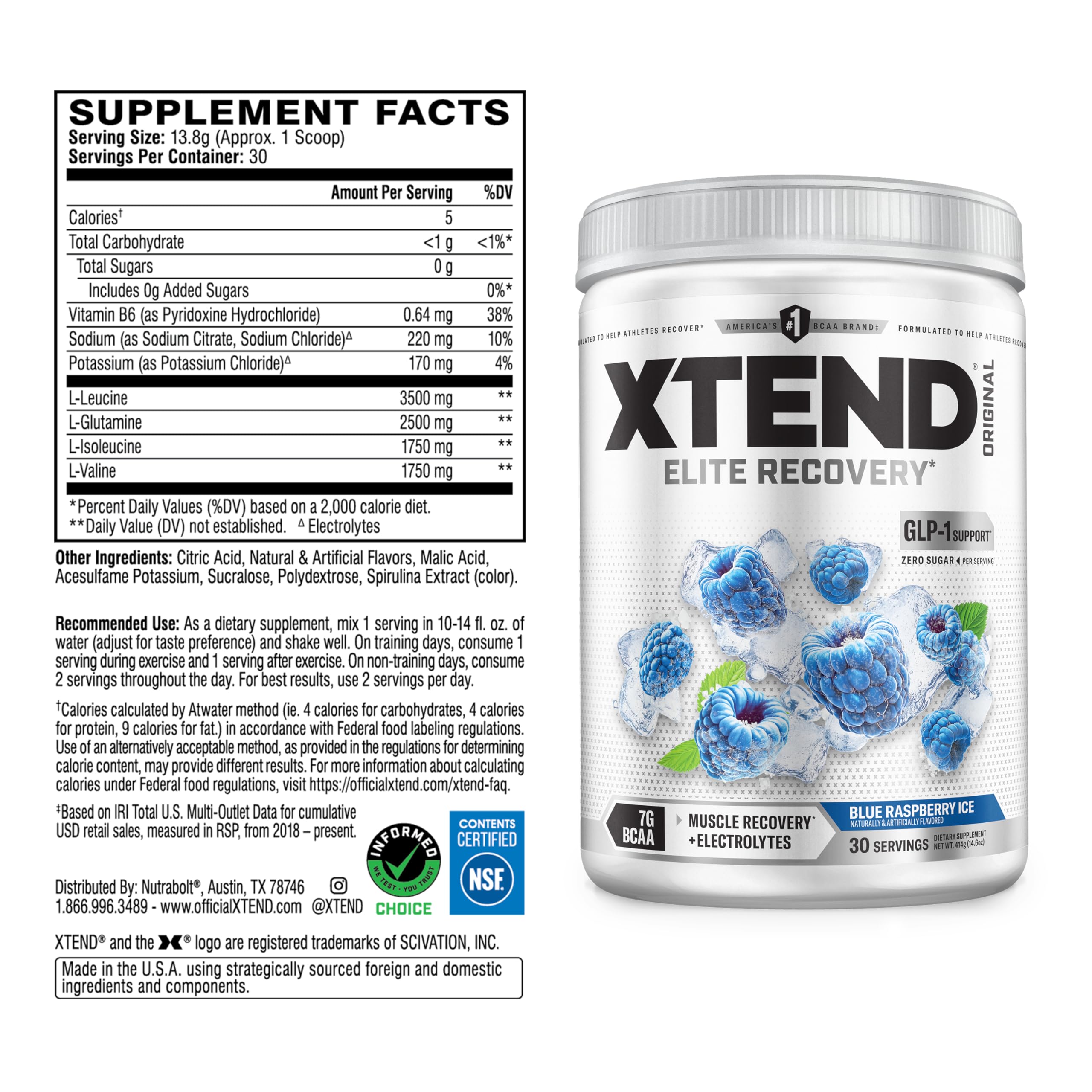 Xtend BCAA Powder 374g back view showing ingredients