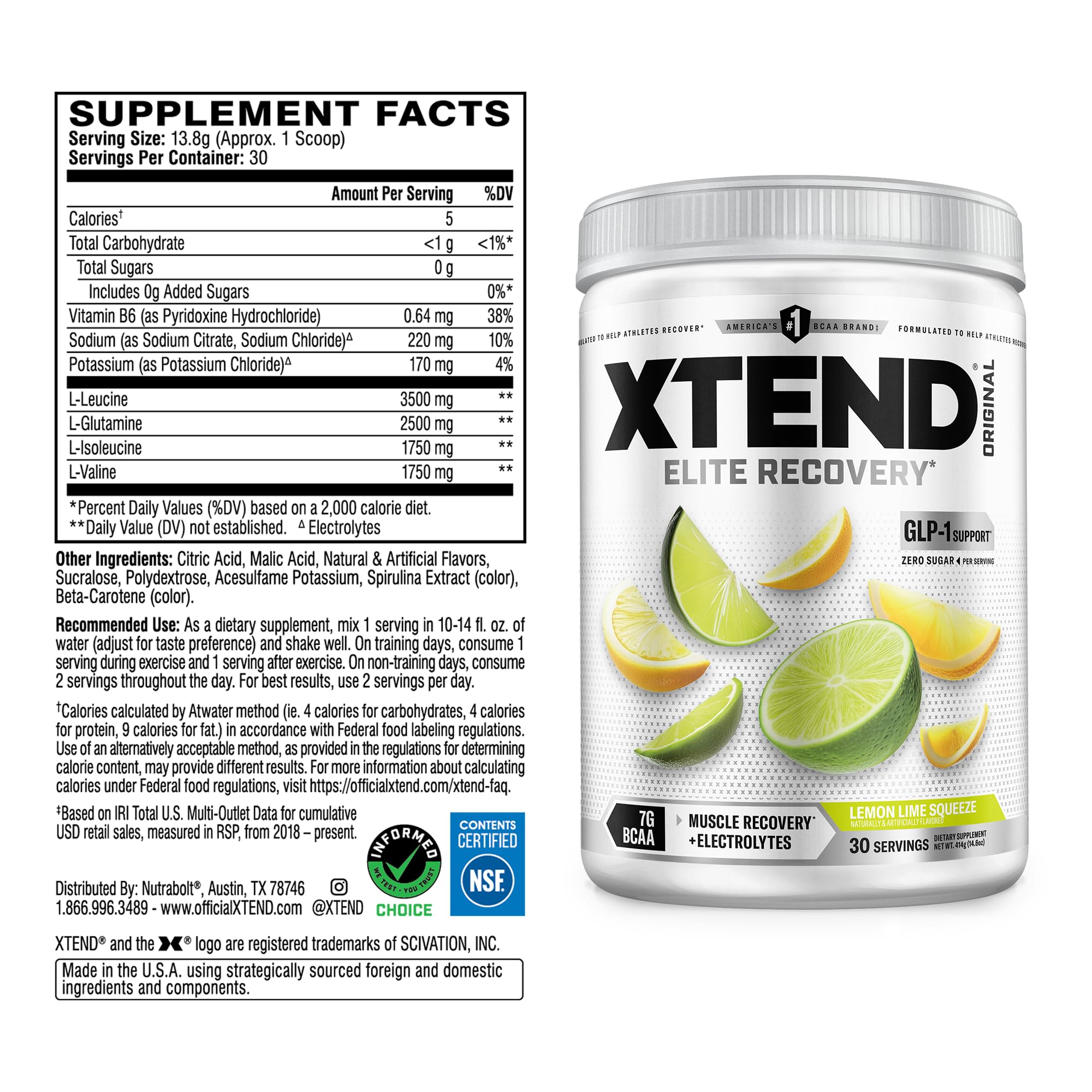 Xtend BCAA Powder 374g back view with nutritional information
