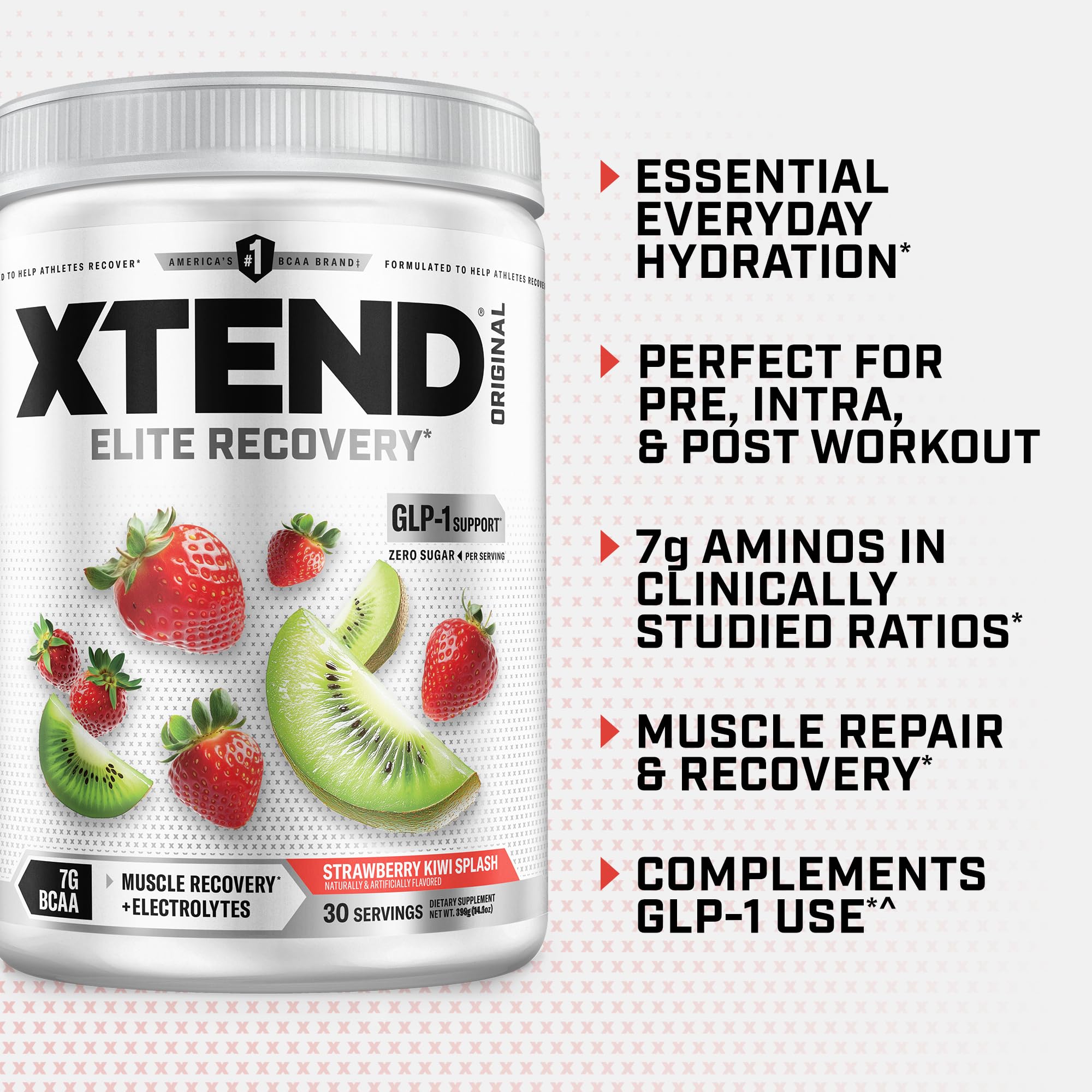 Xtend BCAA Powder 374g displayed on a gym bench