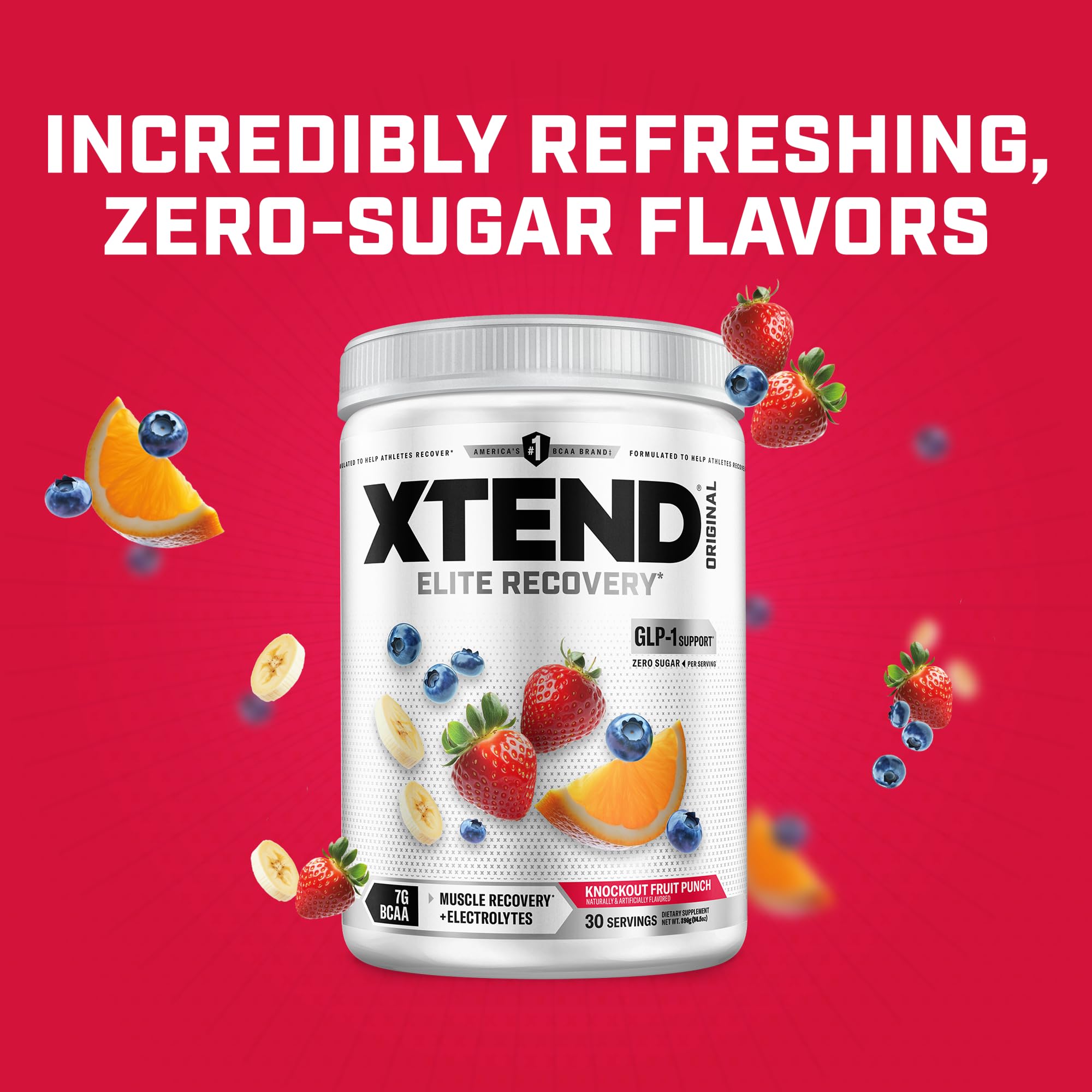 Xtend BCAA Powder 374g displayed with gym equipment