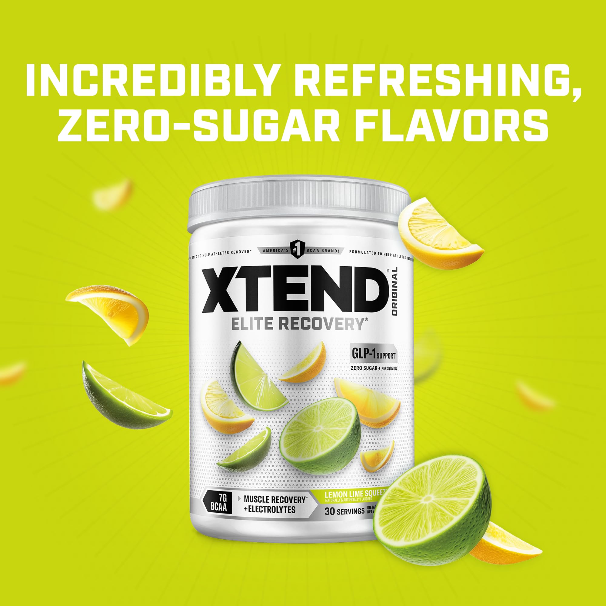 Xtend BCAA Powder 374g on a gym bench with weights