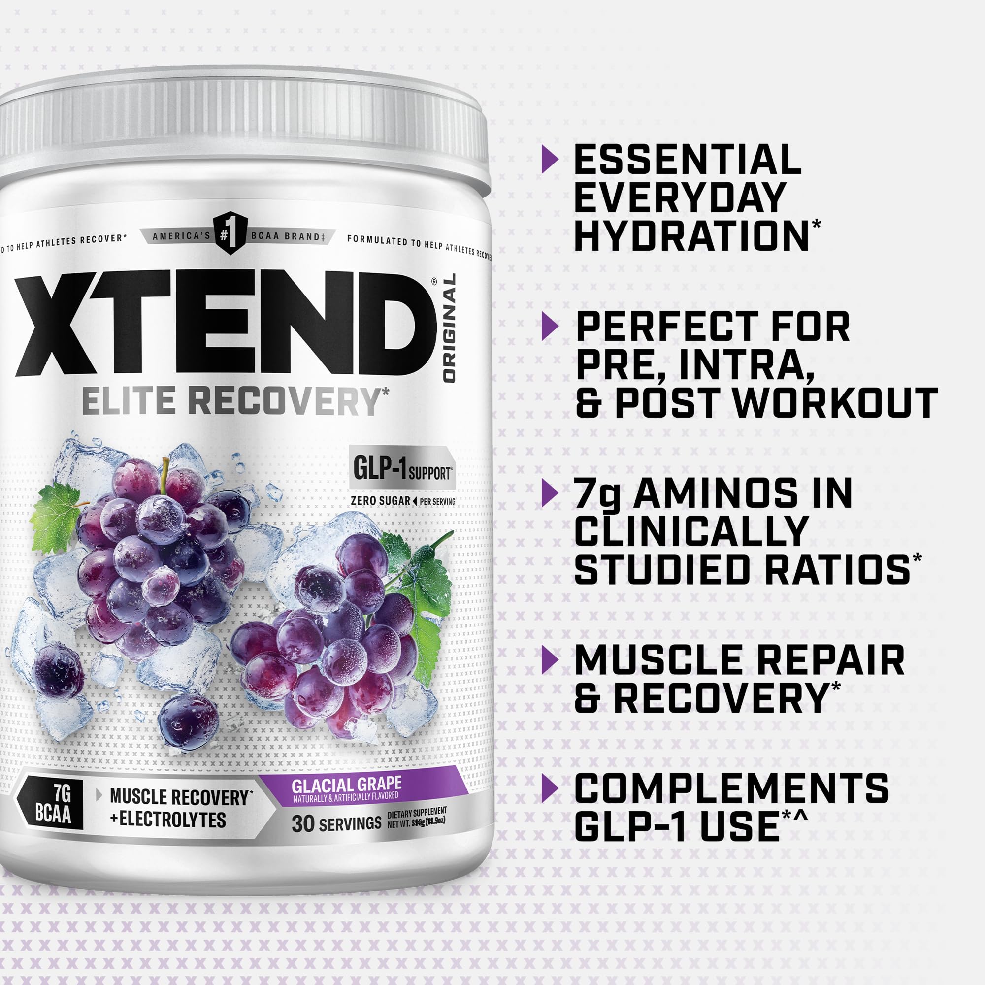 Xtend BCAA Powder 374g packaging on a gym bench