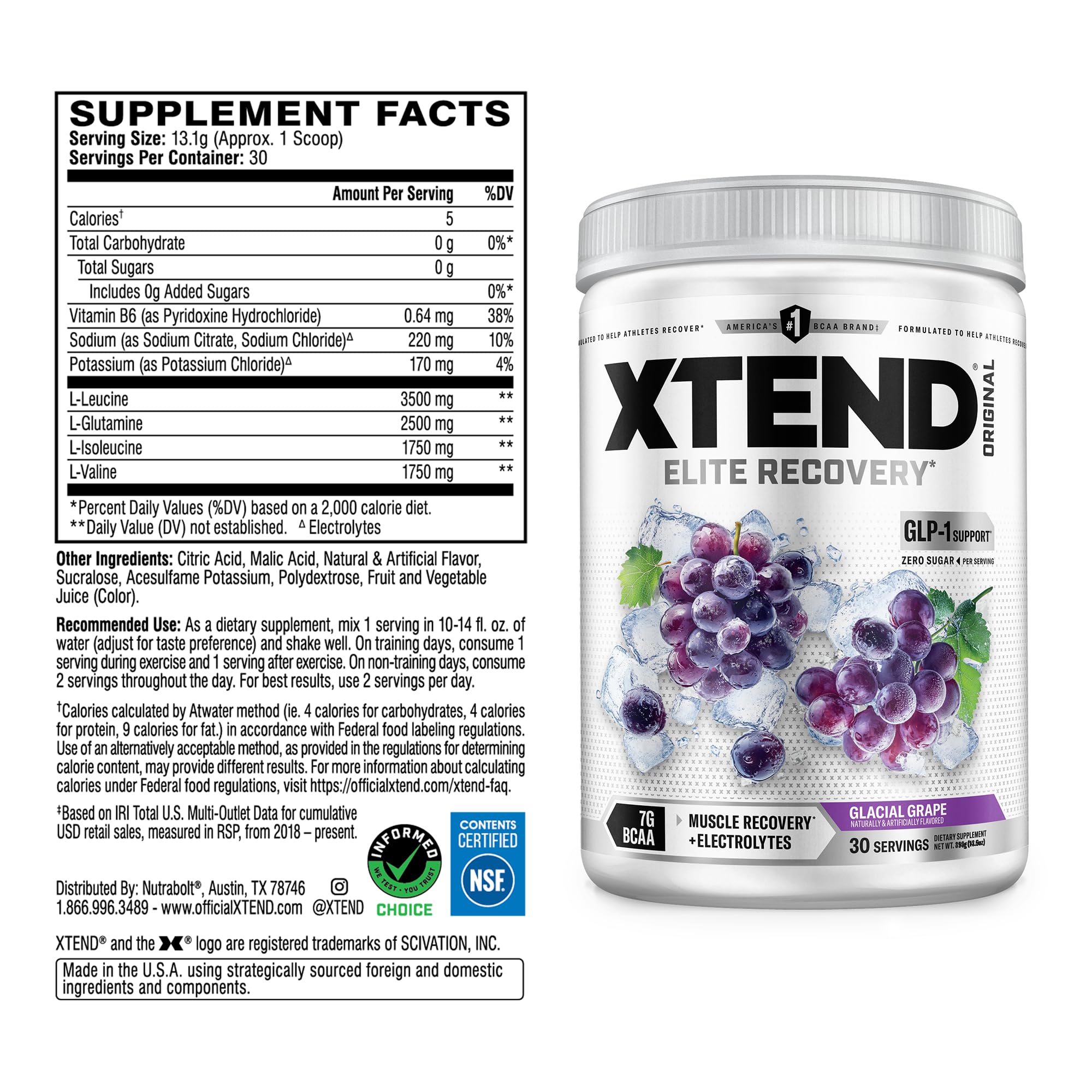 Xtend BCAA Powder 374g side view showing nutrition facts