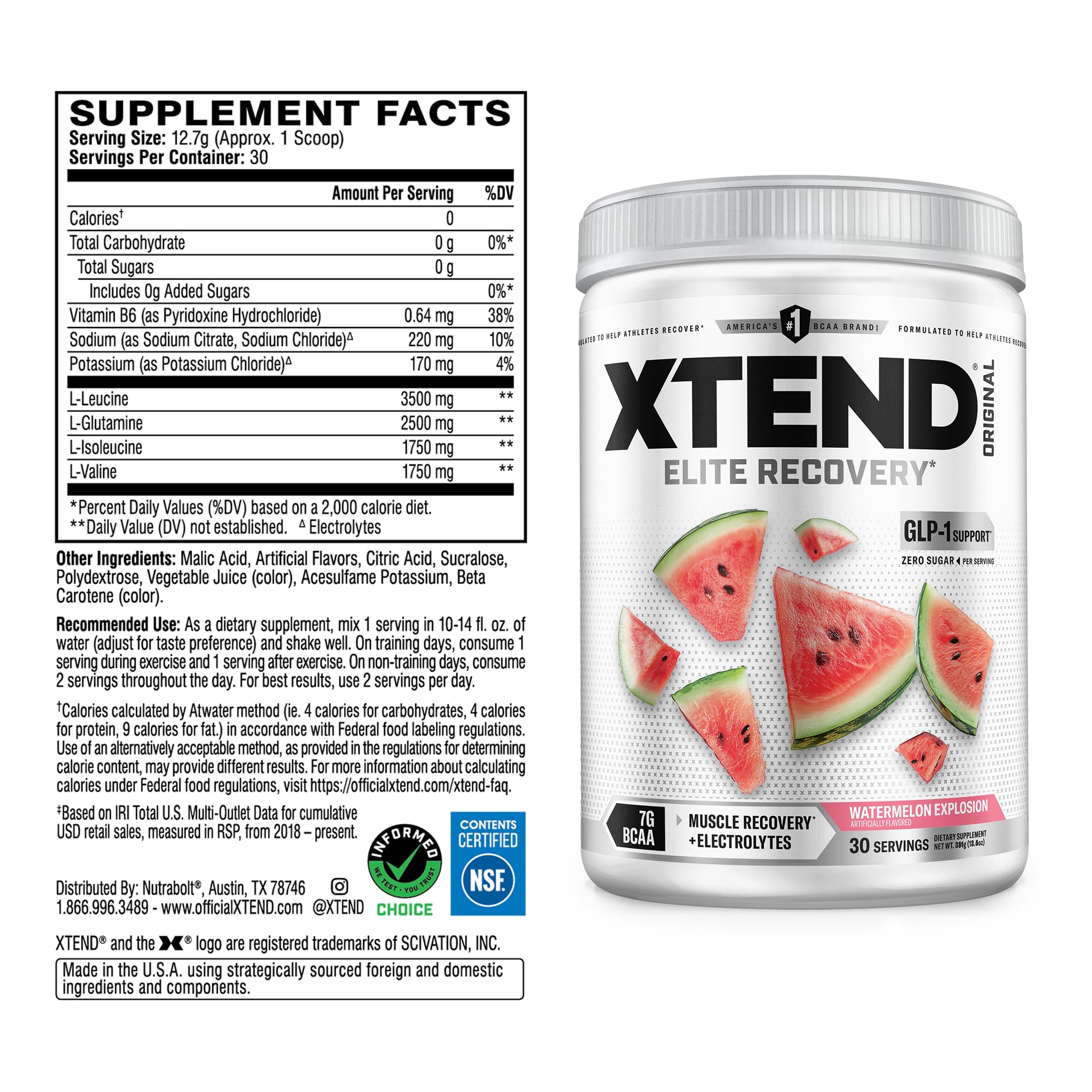 Xtend BCAA Powder 374g side view showing nutritional information