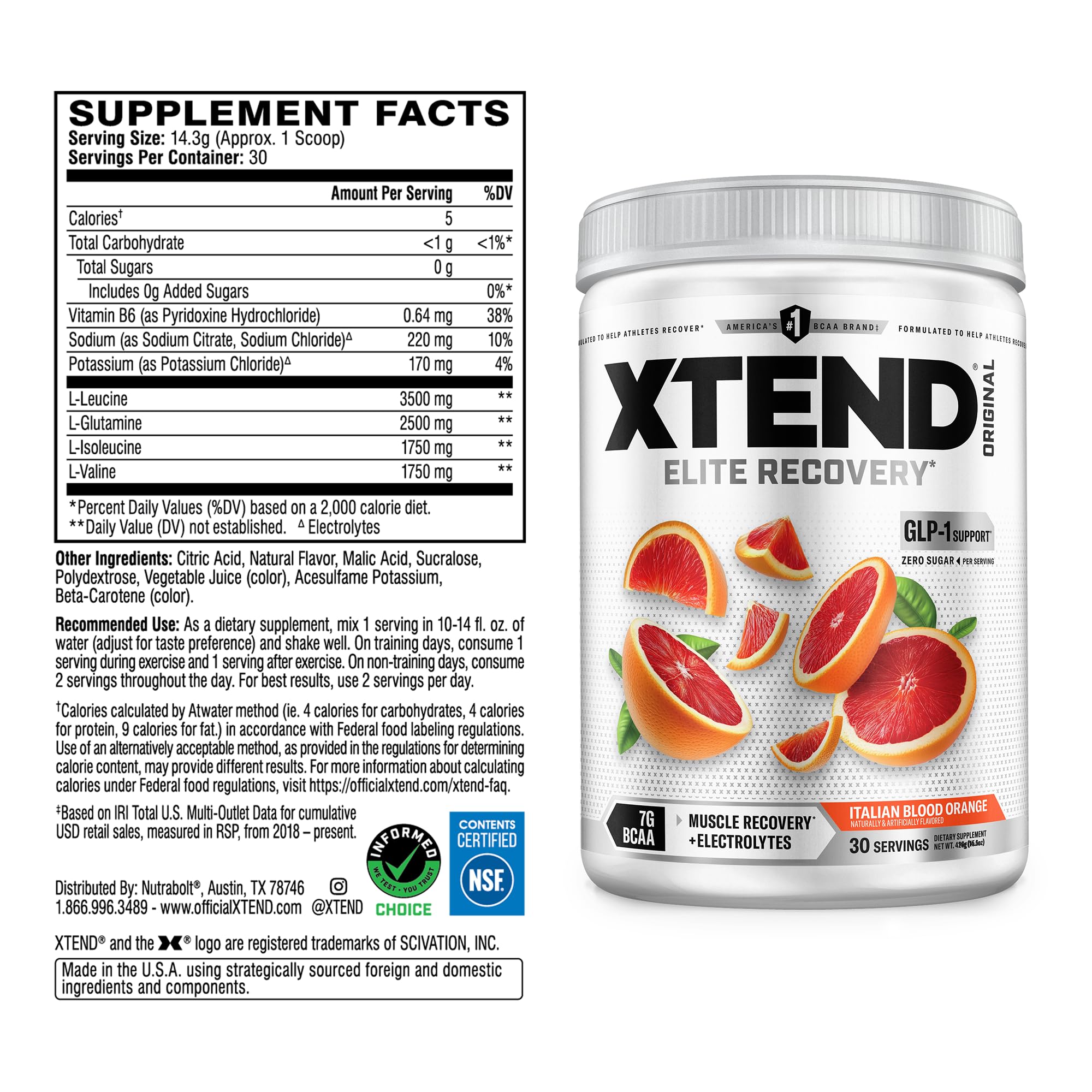 Xtend BCAA Powder 374g side view showing nutritional information