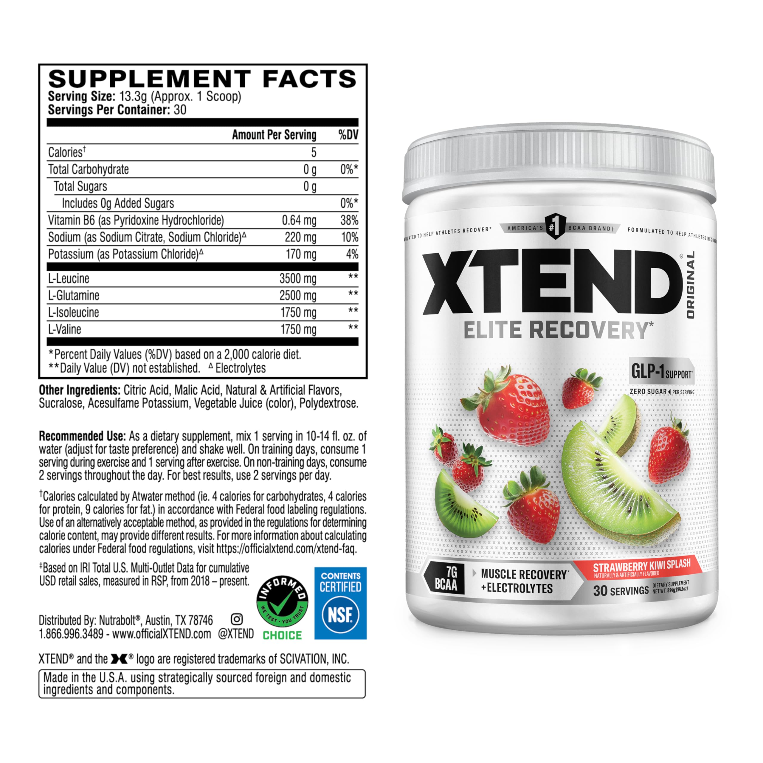 Xtend BCAA Powder 374g side view showing nutritional information