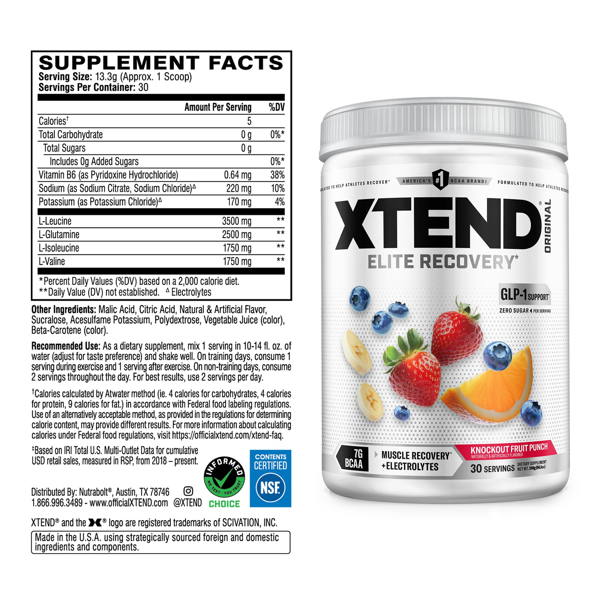 Xtend BCAA Powder 374g side view with nutritional information
