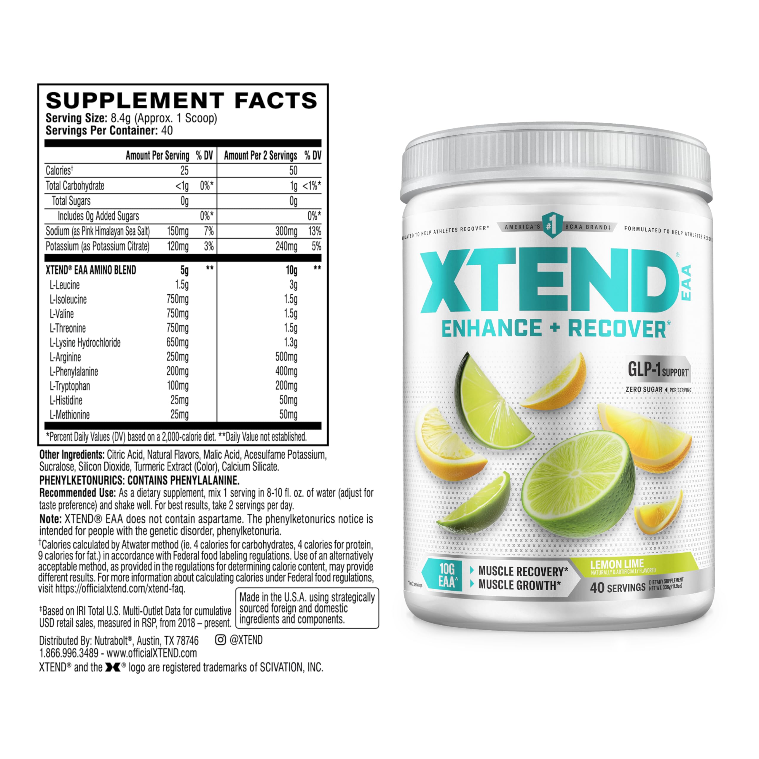 Xtend BCAAs Original 336g side view showing nutritional information