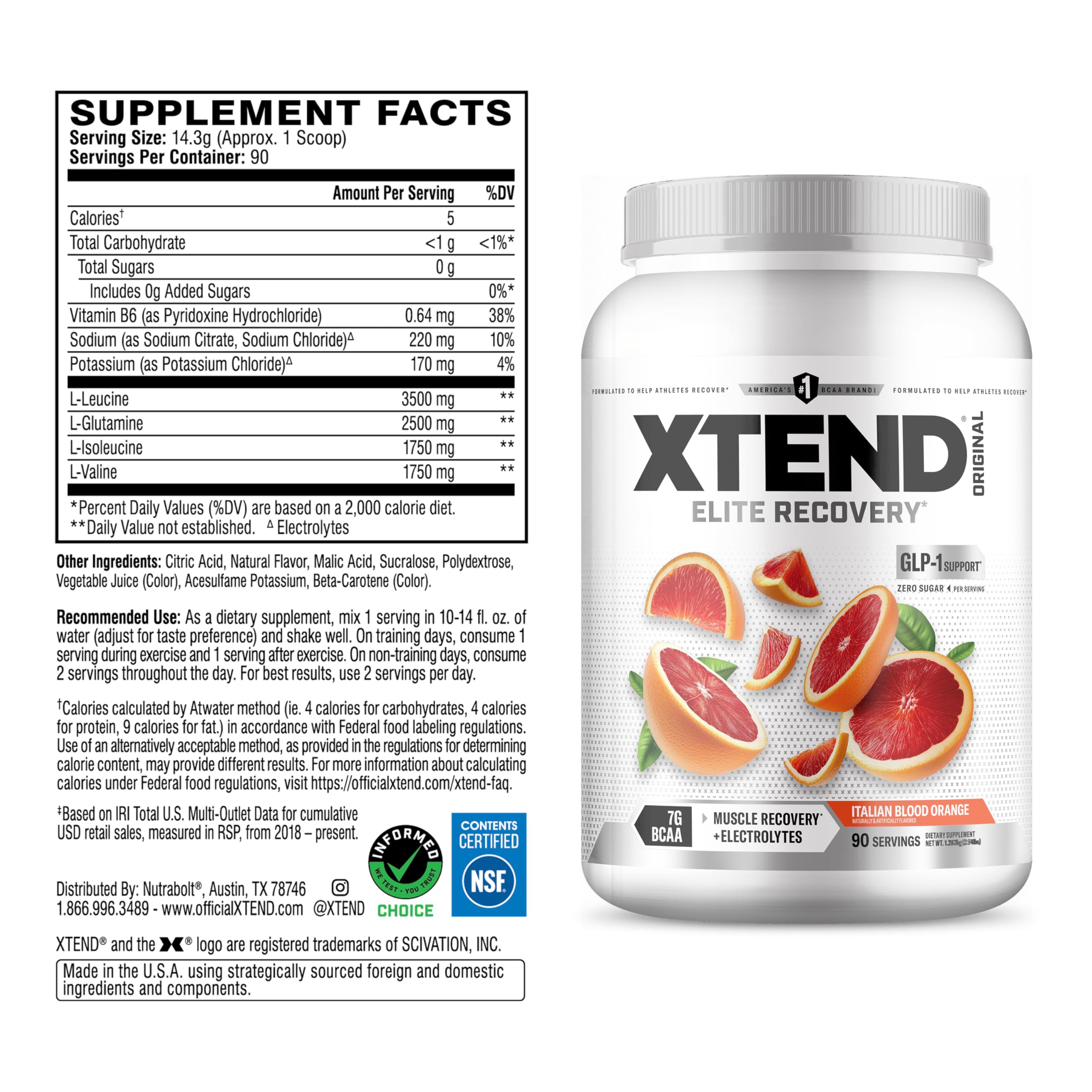 Xtend Original BCAAs 1278g side view showing nutritional information