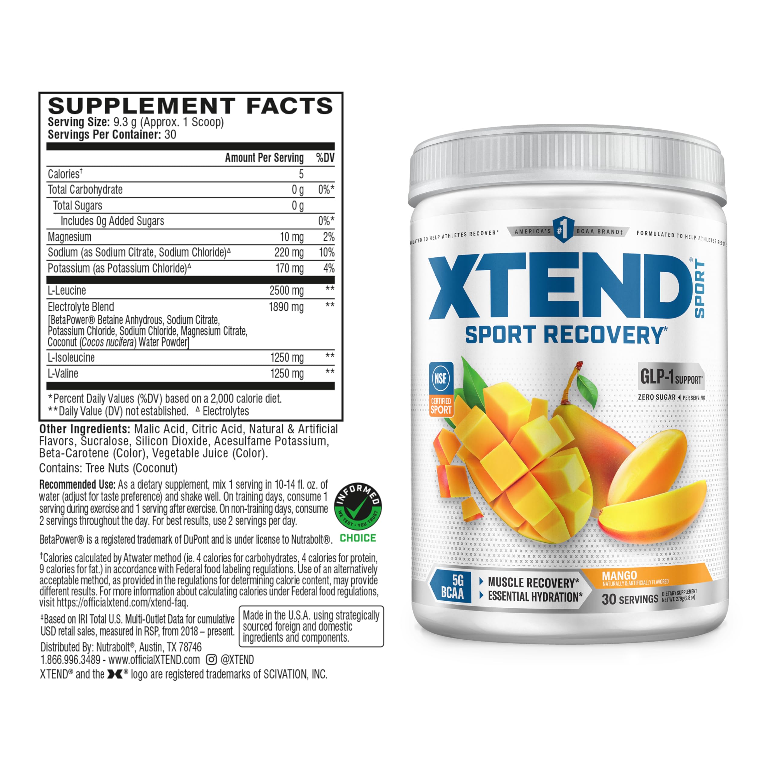 Xtend Sport BCAAs 283g side view showing nutrition facts