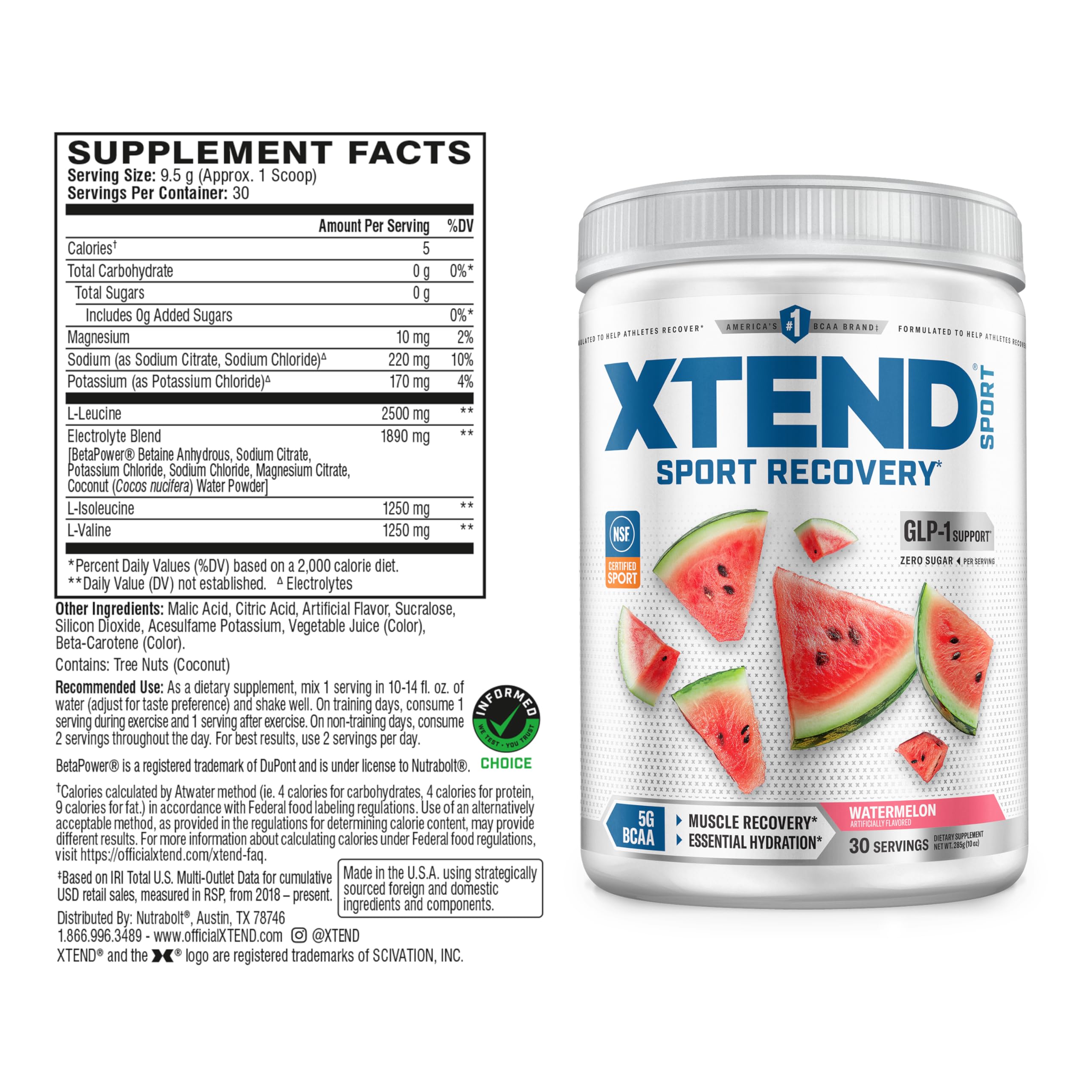 Xtend Sport BCAAs 283g side view showing nutritional information