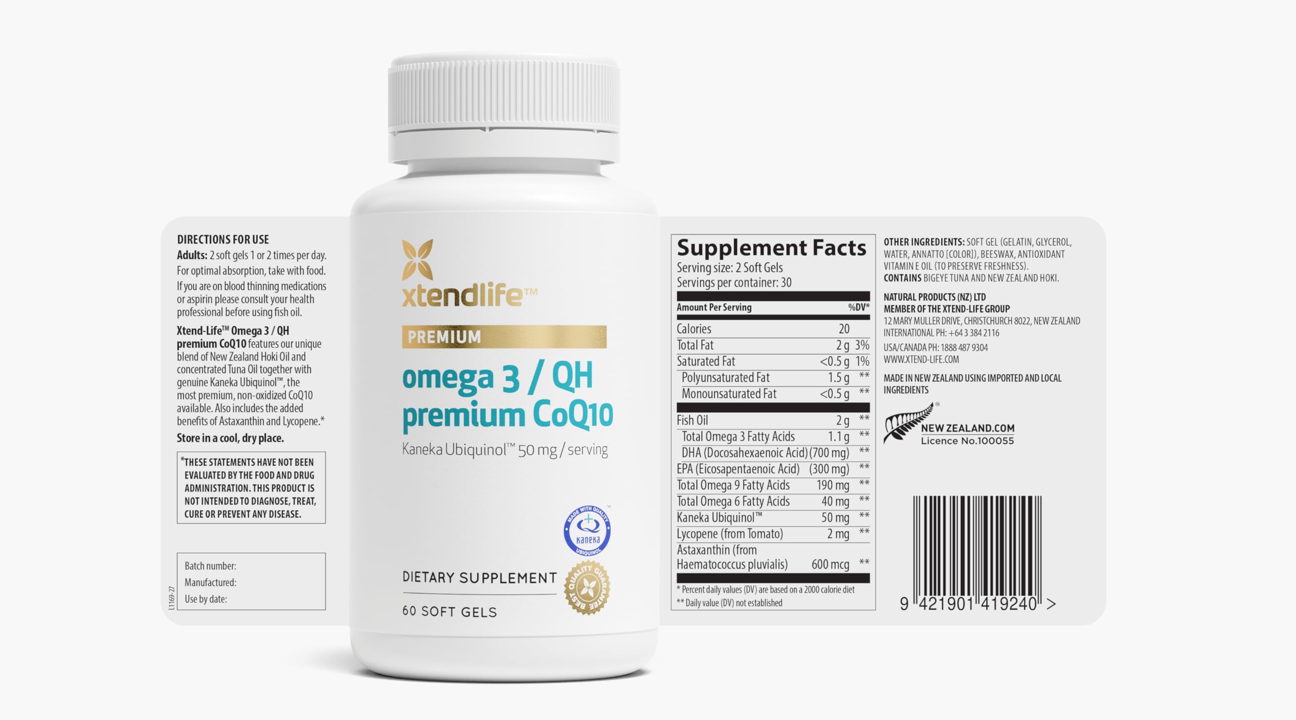Xtendlife CoQ10 Fish Oil Softgels displayed on a wooden surface