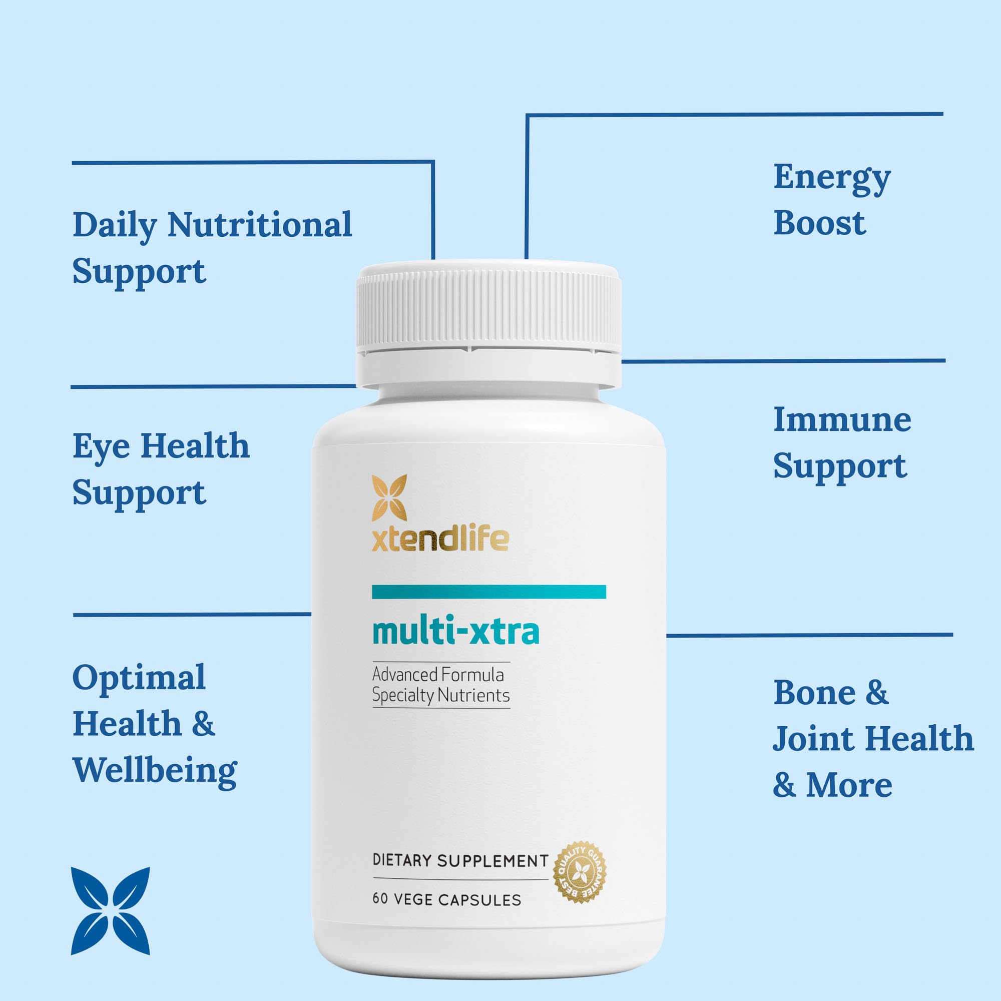 Xtendlife Multi-Xtra Daily Multivitamin 90 capsules on a wooden table