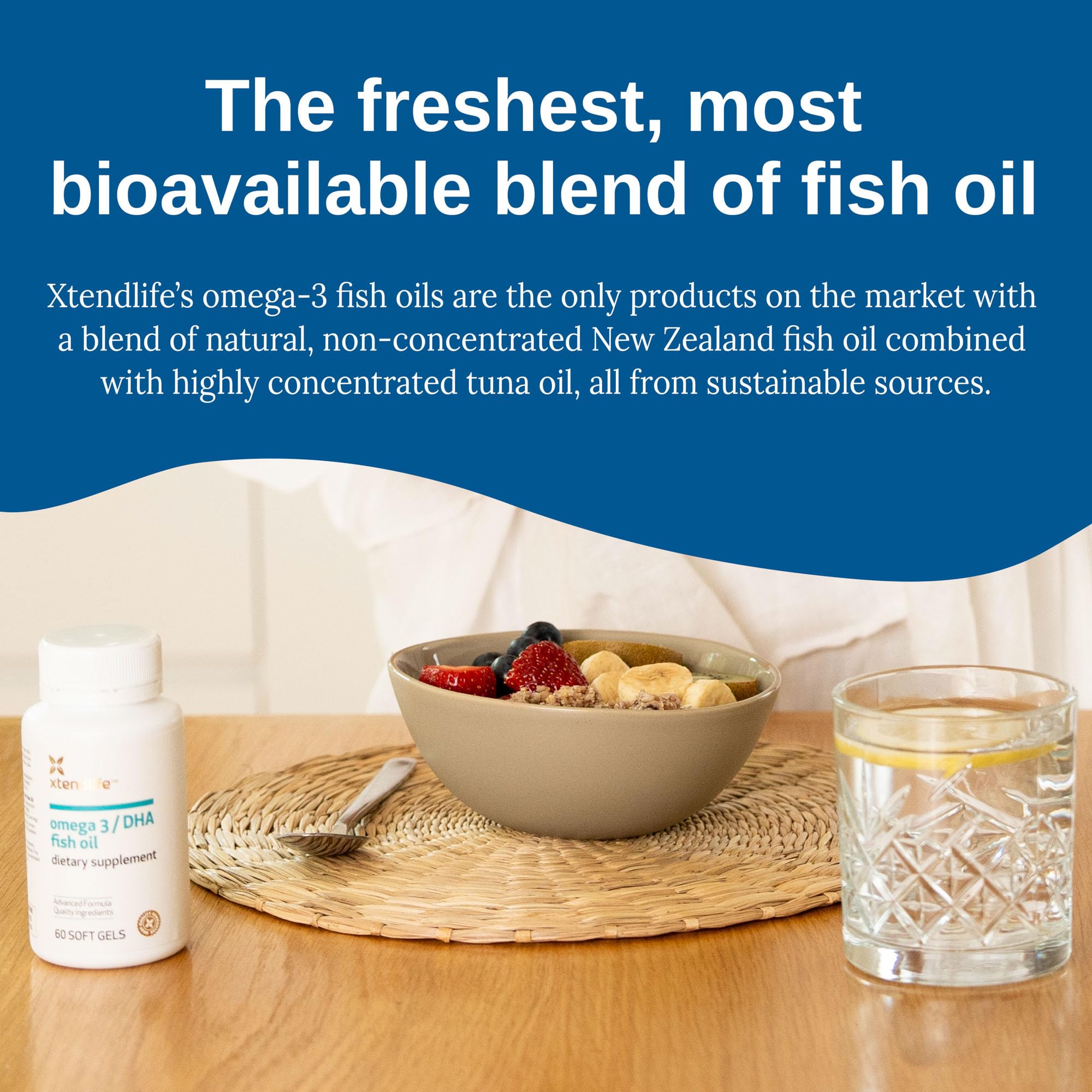 Xtendlife Omega-3 Fish Oil Softgels on a wooden table