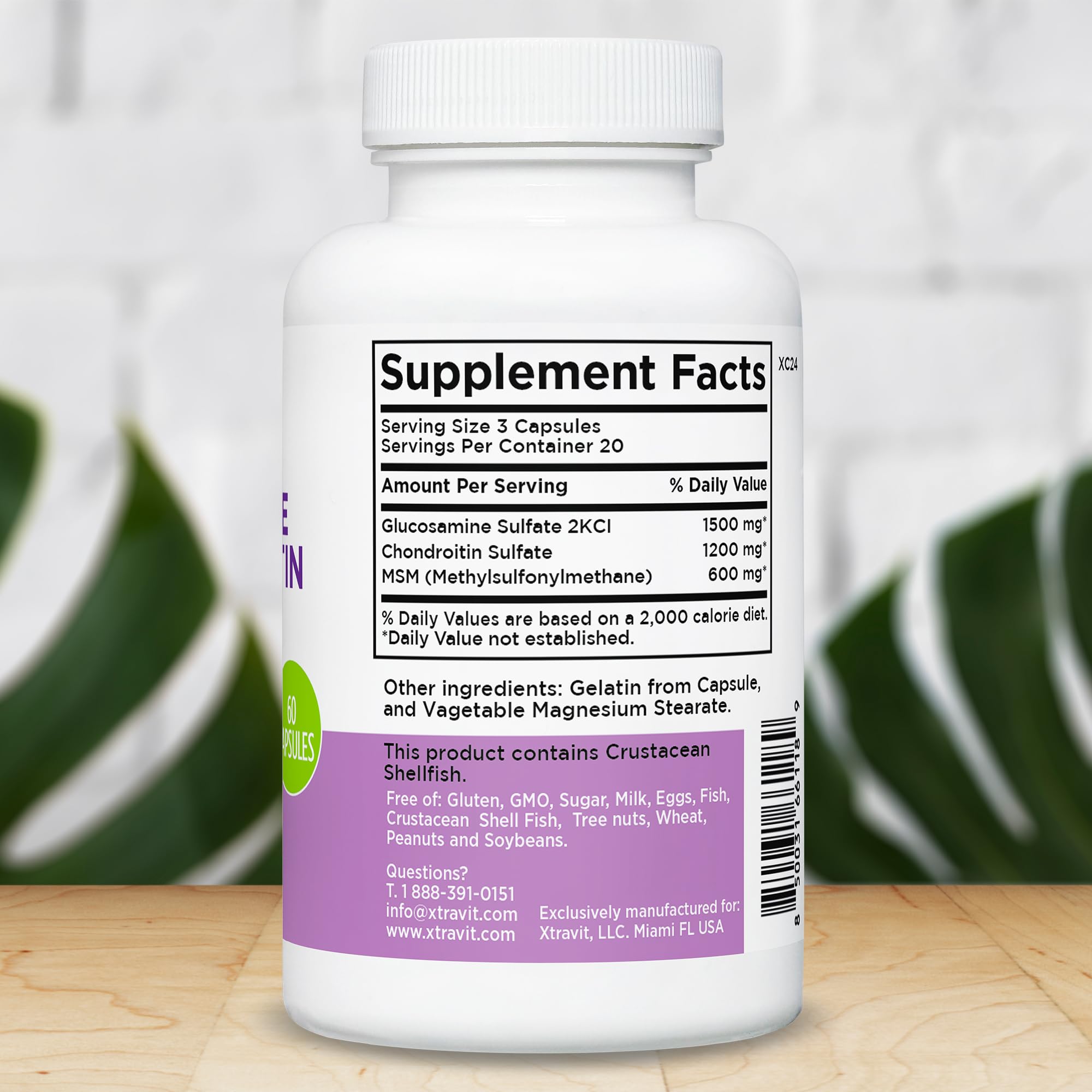 Xtravit Glucosamine & Chondroitin Plus MSM capsules bottle side view