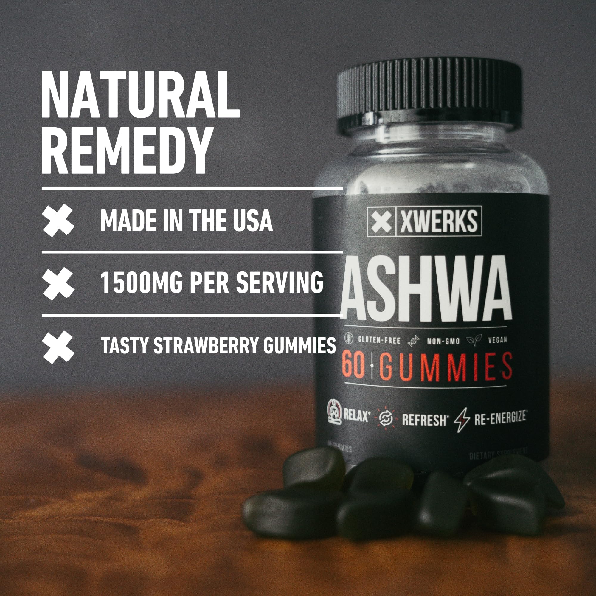 Xwerks Ashwagandha Gummies bottle with a lifestyle background