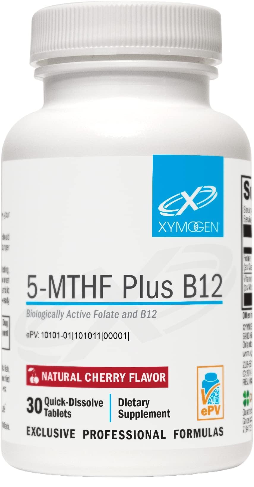 XYMOGEN 5-MTHF Plus B12 Cherry Flavour supplement front view