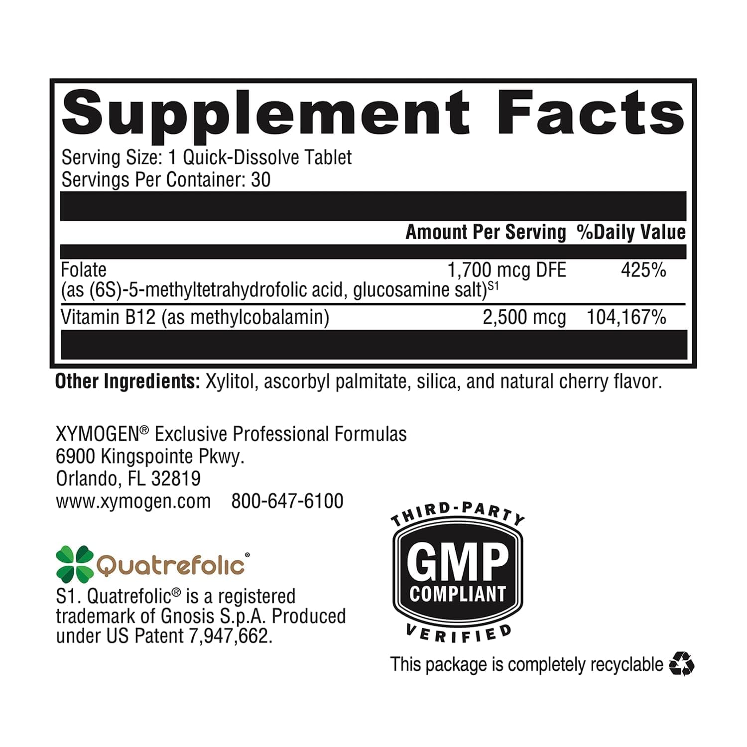 XYMOGEN 5-MTHF Plus B12 Cherry Flavour supplement packaging