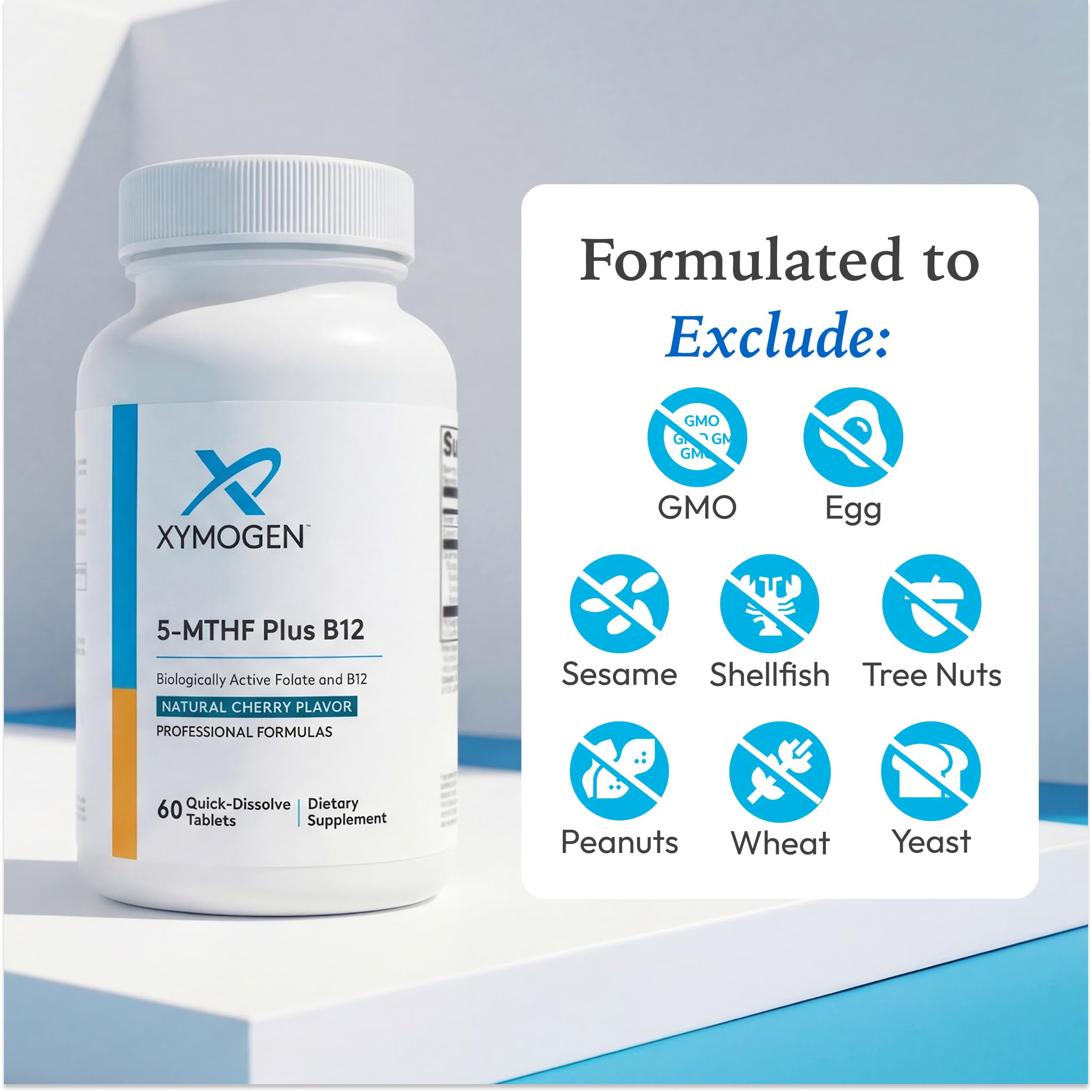 XYMOGEN 5-MTHF Plus B12 cherry flavour tablet in a glass of water