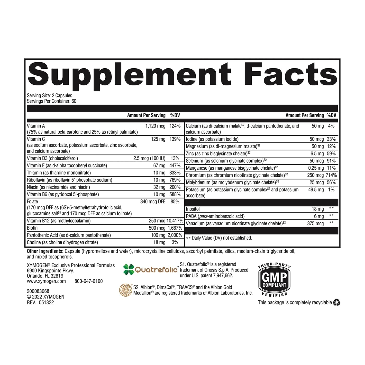 XYMOGEN ActivNutrients Multivitamin 150g back view