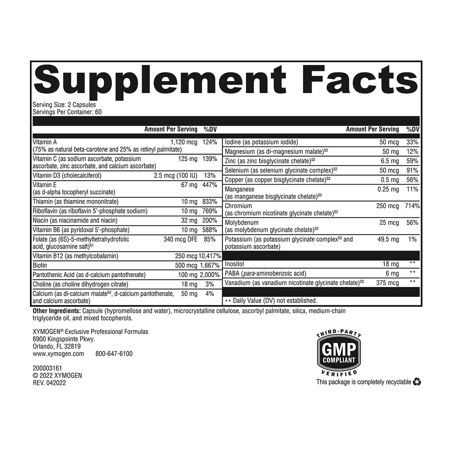 XYMOGEN ActivNutrients Multivitamin without Iron 136g back view