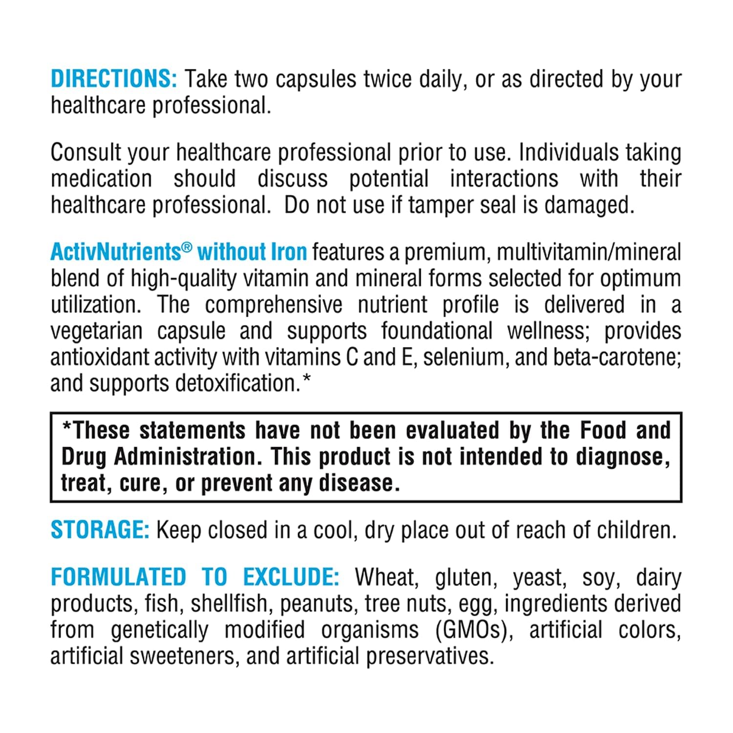 XYMOGEN ActivNutrients Multivitamin without Iron 136g packaging