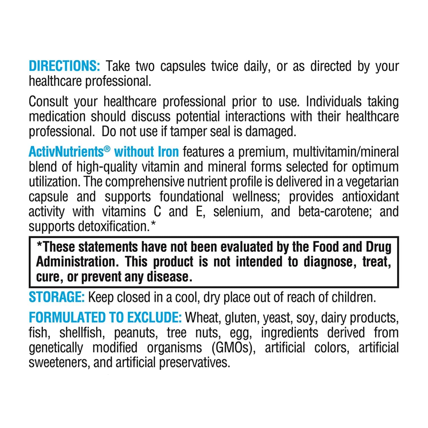 XYMOGEN ActivNutrients No Iron Multivitamin ingredients list