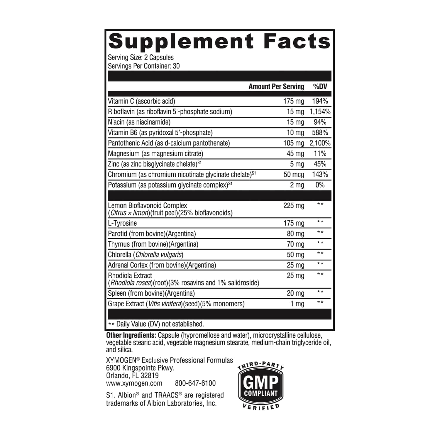 XYMOGEN Adrenal Manager 82g supplement capsule bottle side view