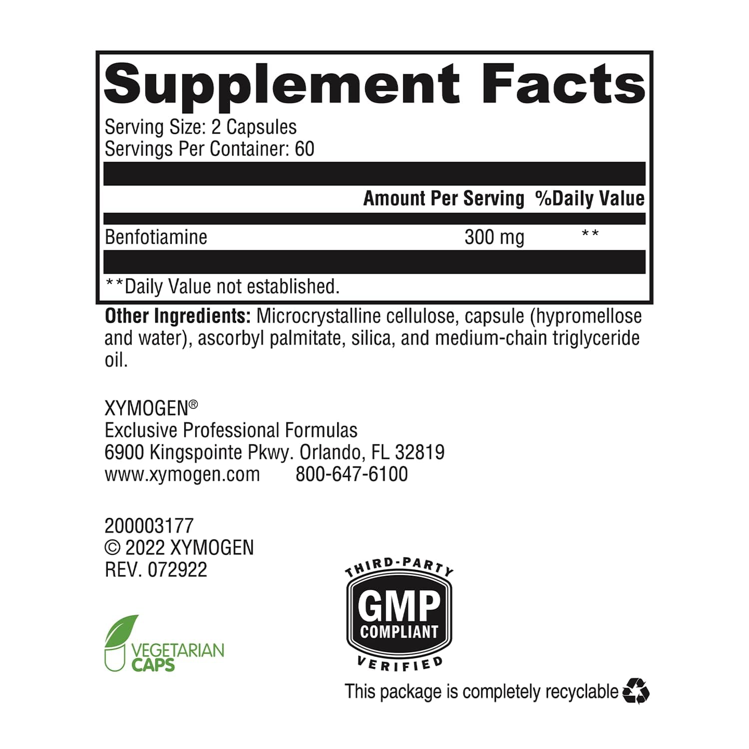 XYMOGEN Benfotiamine B1 Supplement 300 mg capsule close-up