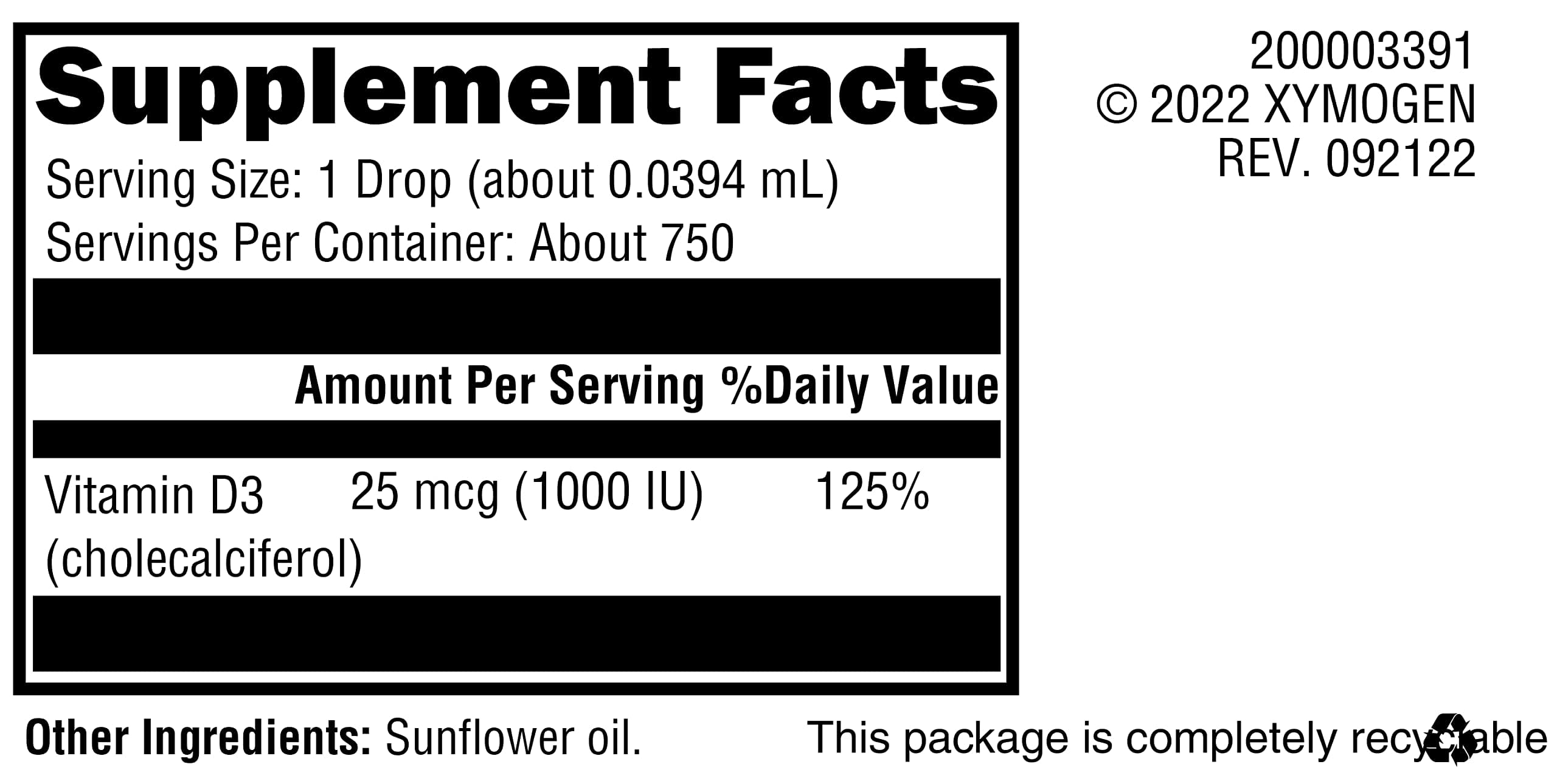 XYMOGEN D3 Liquid Vitamin D3 Drops 1000 IU bottle side view