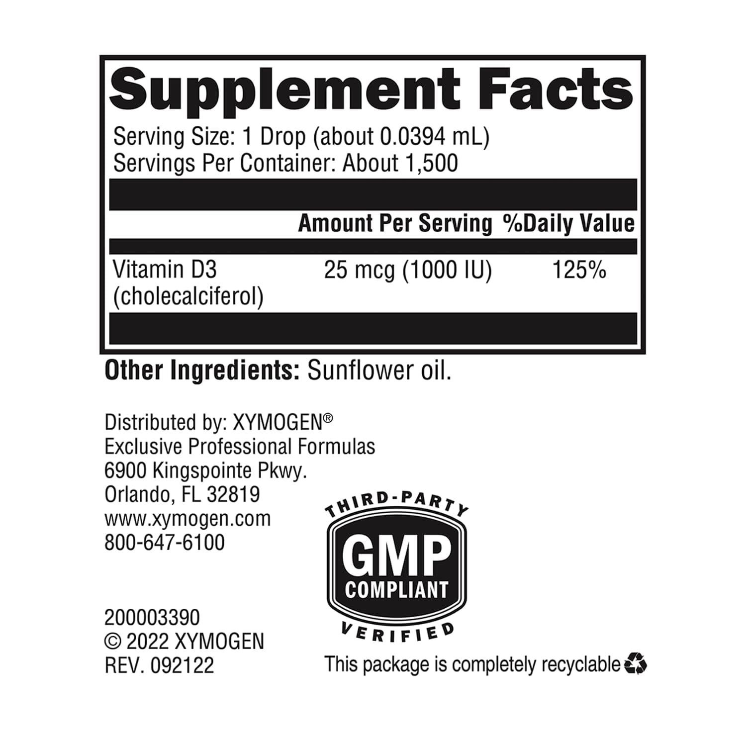 XYMOGEN D3 Liquid Vitamin D3 Drops 1000 IU bottle side view