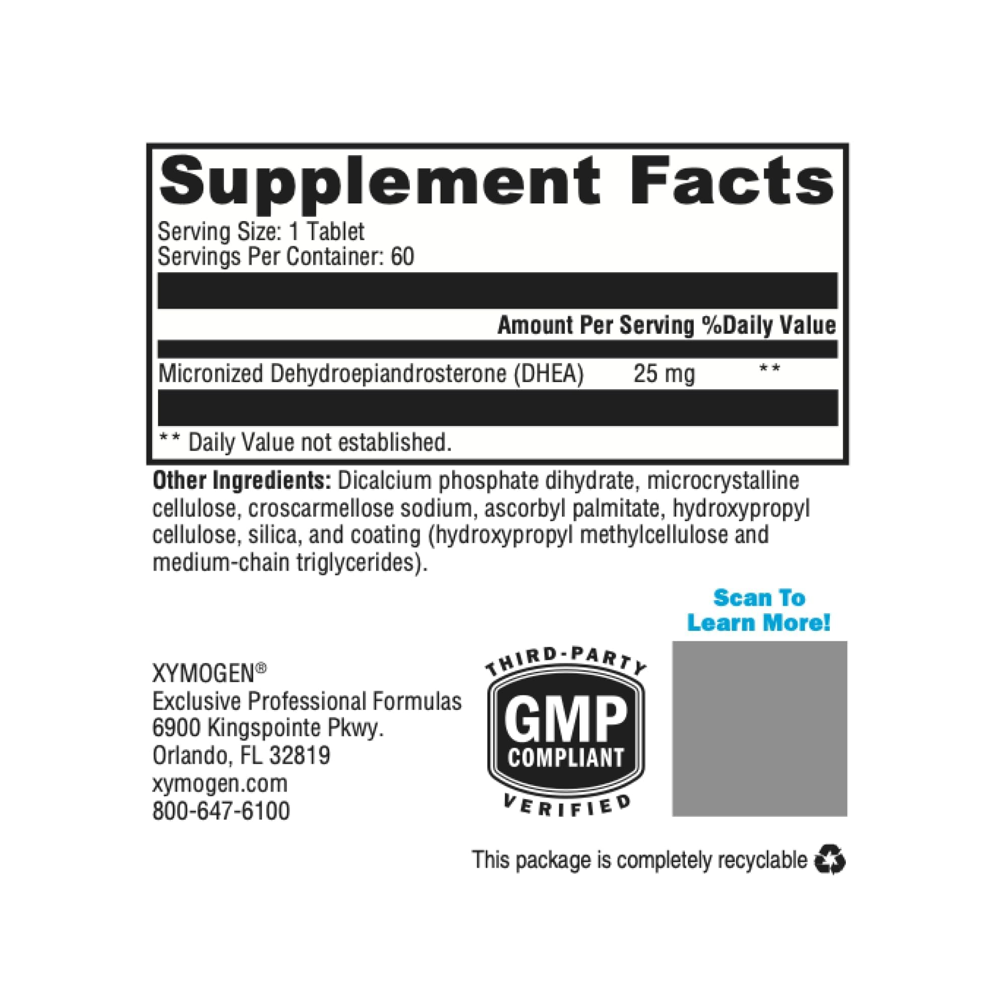 XYMOGEN DHEA Micronized Daily Support Tablets back view
