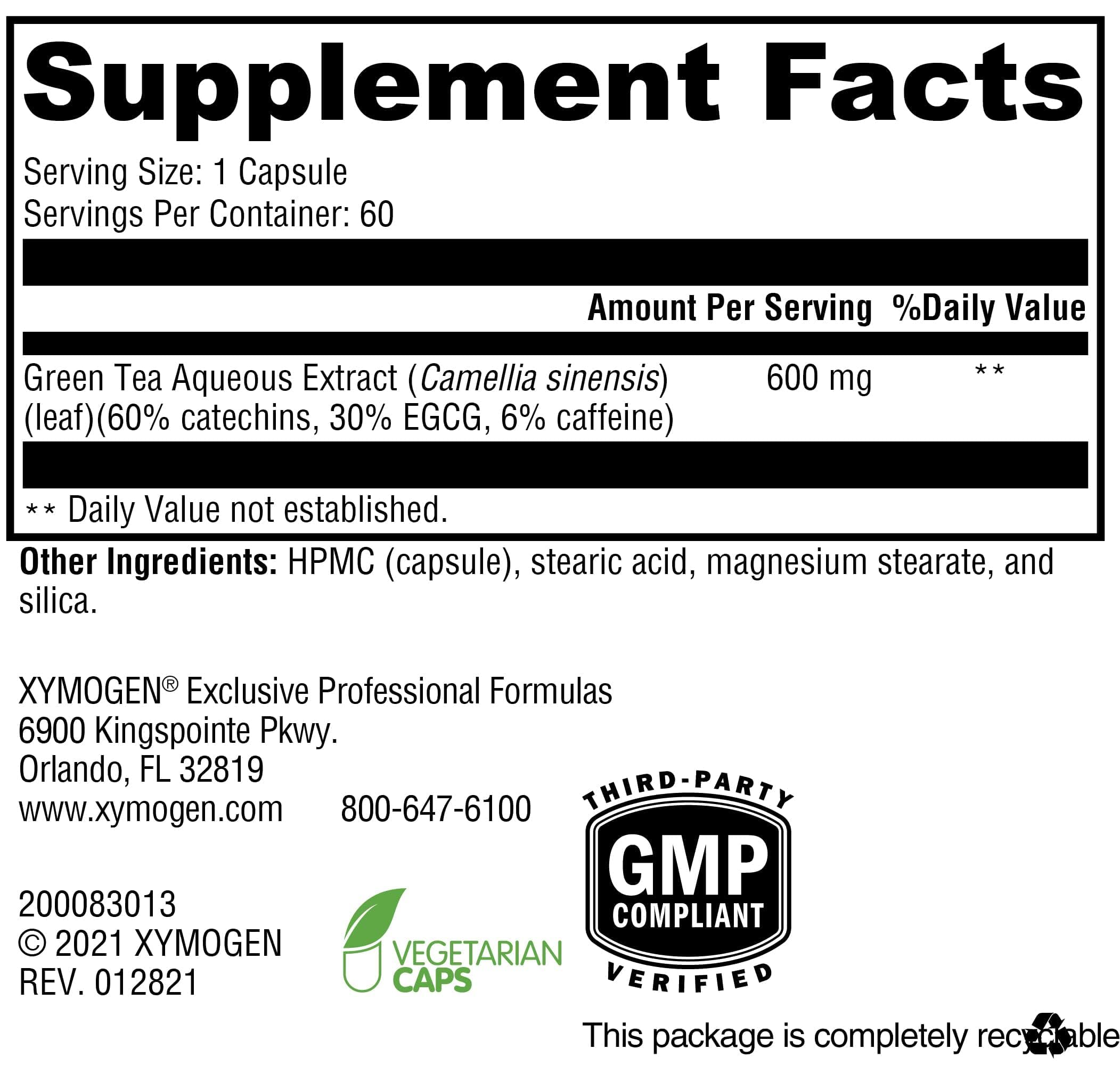 XYMOGEN Green Tea 600 Antioxidant Support Capsules side view