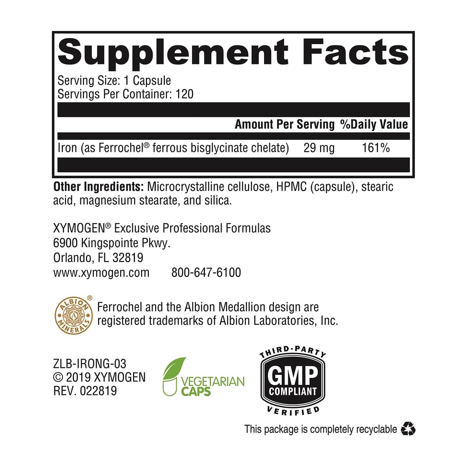 XYMOGEN Iron Glycinate 90 Capsules side view