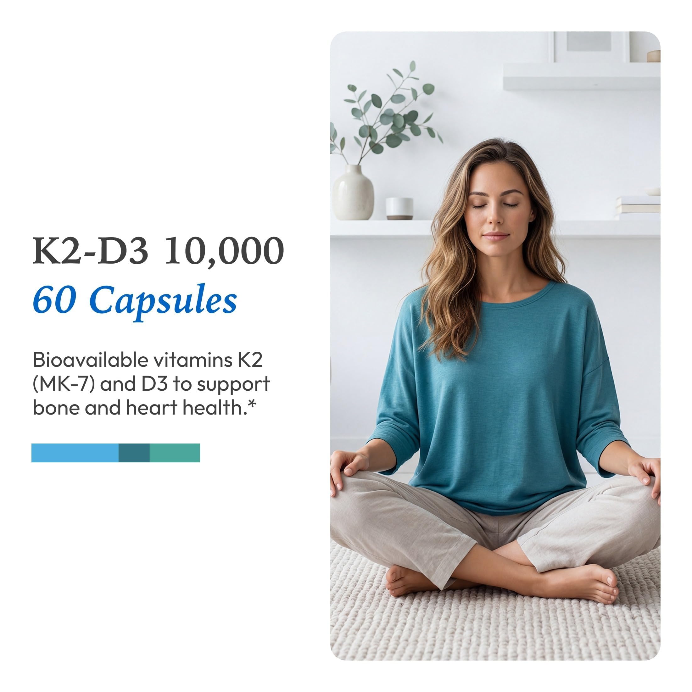 XYMOGEN K2-D3 10000 vitamin D3 and K2 capsules on a wooden table