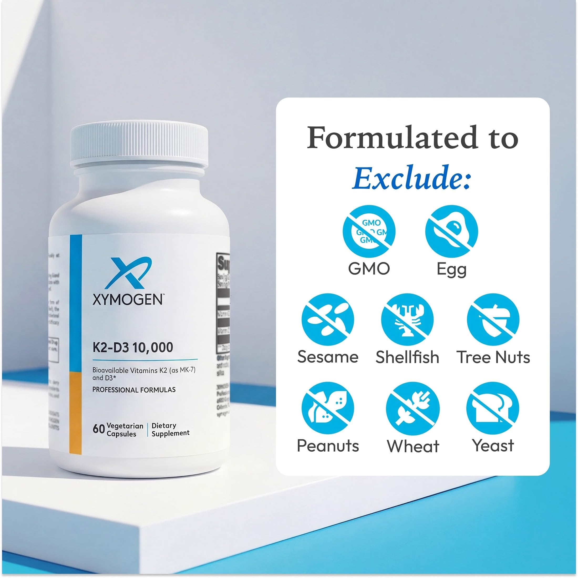 XYMOGEN K2-D3 10000 vitamin D3 and K2 capsules with a glass of water