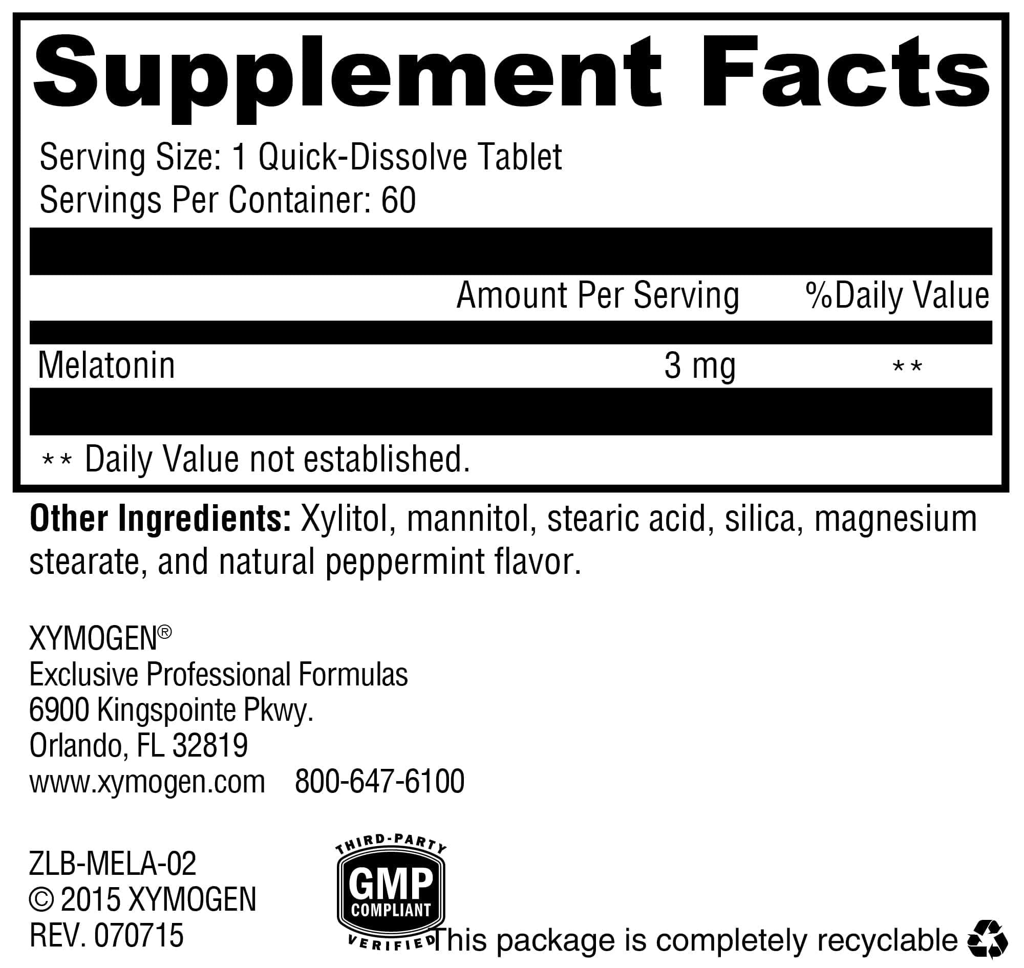 XYMOGEN Melatonin Peppermint packaging with ingredients list