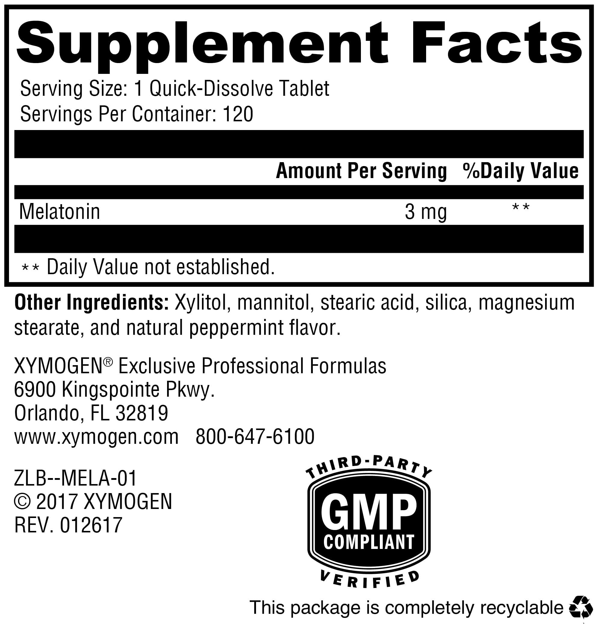 XYMOGEN Melatonin Peppermint Quick-Dissolve Tablets packaging