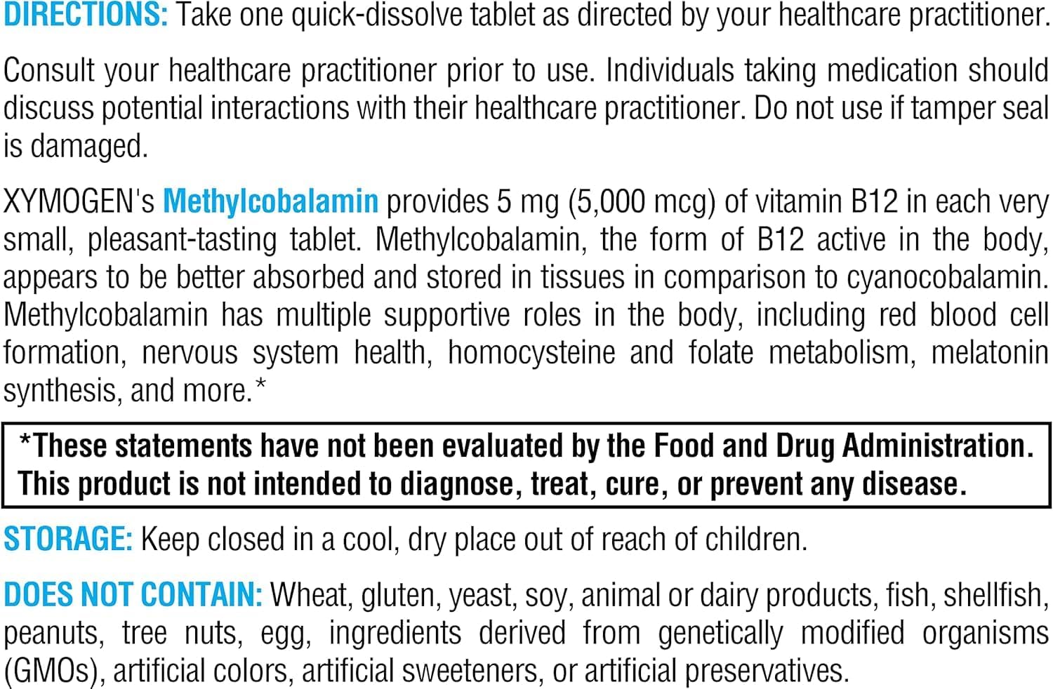 XYMOGEN Methylcobalamin B12 Supplement back view